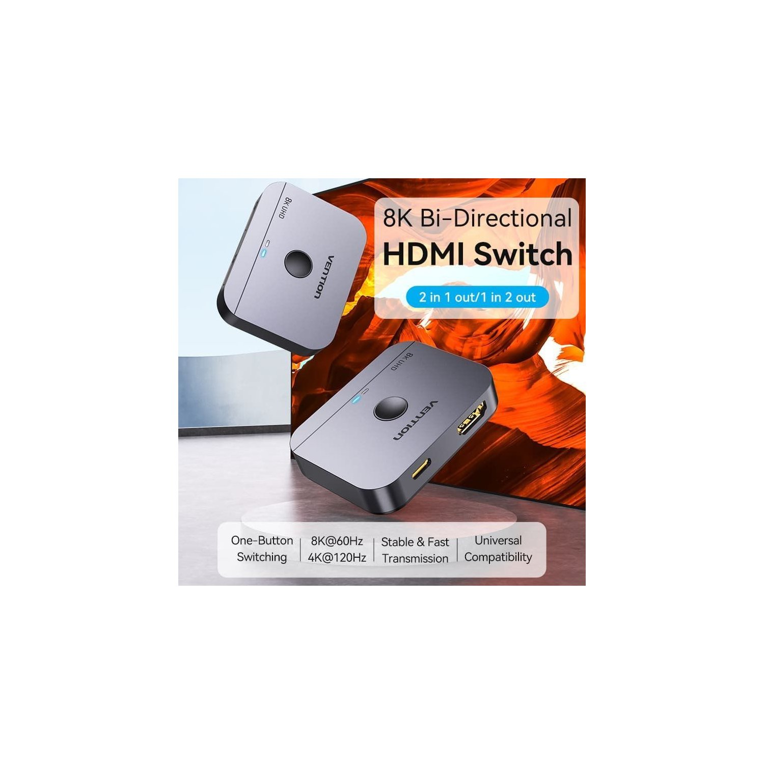 Due switch HDMI grigi. Testo: Switch HDMI bidirezionale 8K. Testo: 2 in 1 out/1 in 2 out.