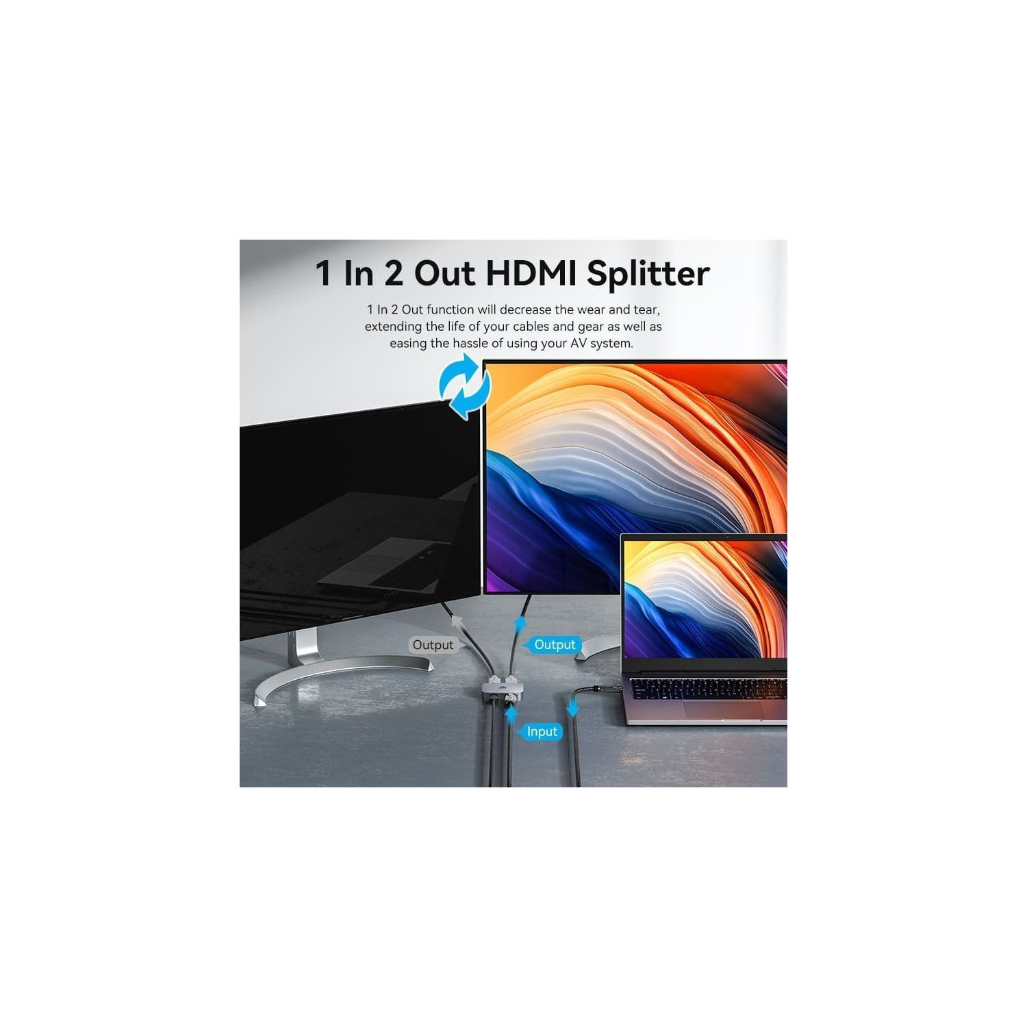 Splitter HDMI collegato a TV, laptop e monitor. Sfondo bianco.