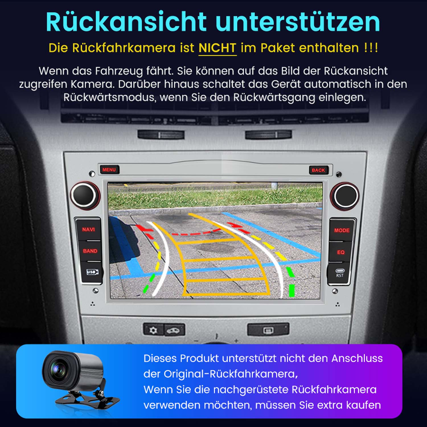 Schermo dell'auto che mostra la vista della telecamera posteriore. Lo schermo è montato nell'auto.