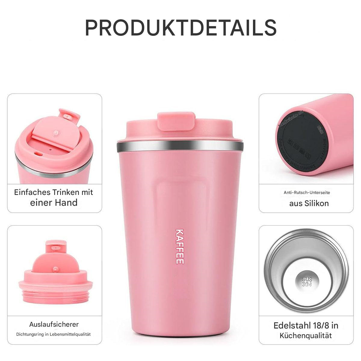 Pinkfarbener isolierter Reisebecher. Zeigt Details: Deckel, Innenansicht und Silikonboden.