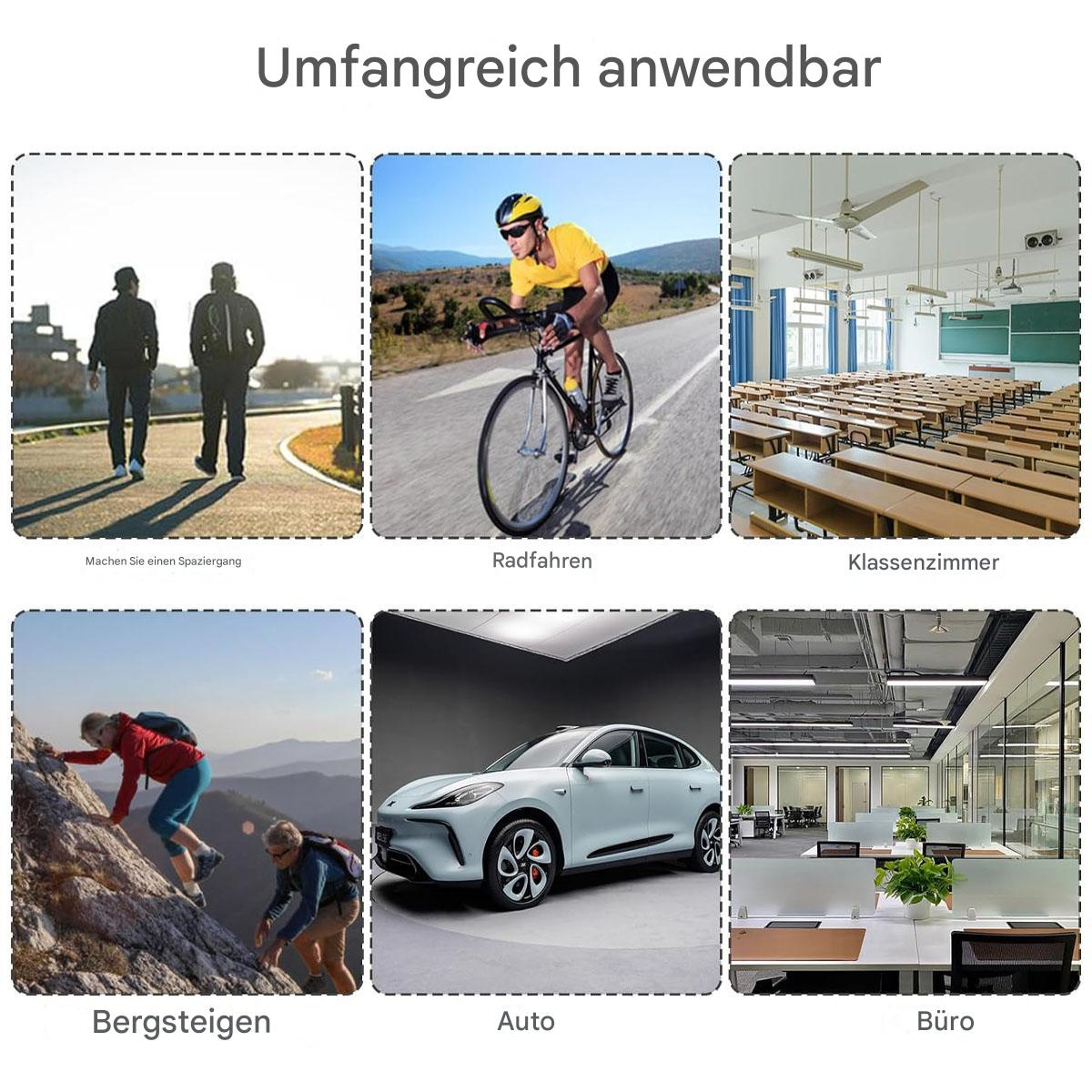 Sechs Bilder: Gehen, Radfahren, Klassenzimmer, Klettern, Auto und Büro.