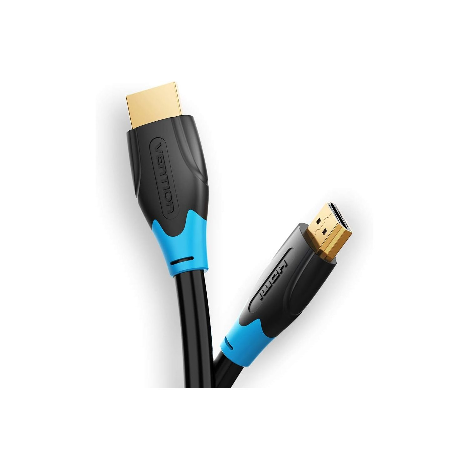 Cavo HDMI nero con dettagli blu, connettori dorati. Marchio: Vention.