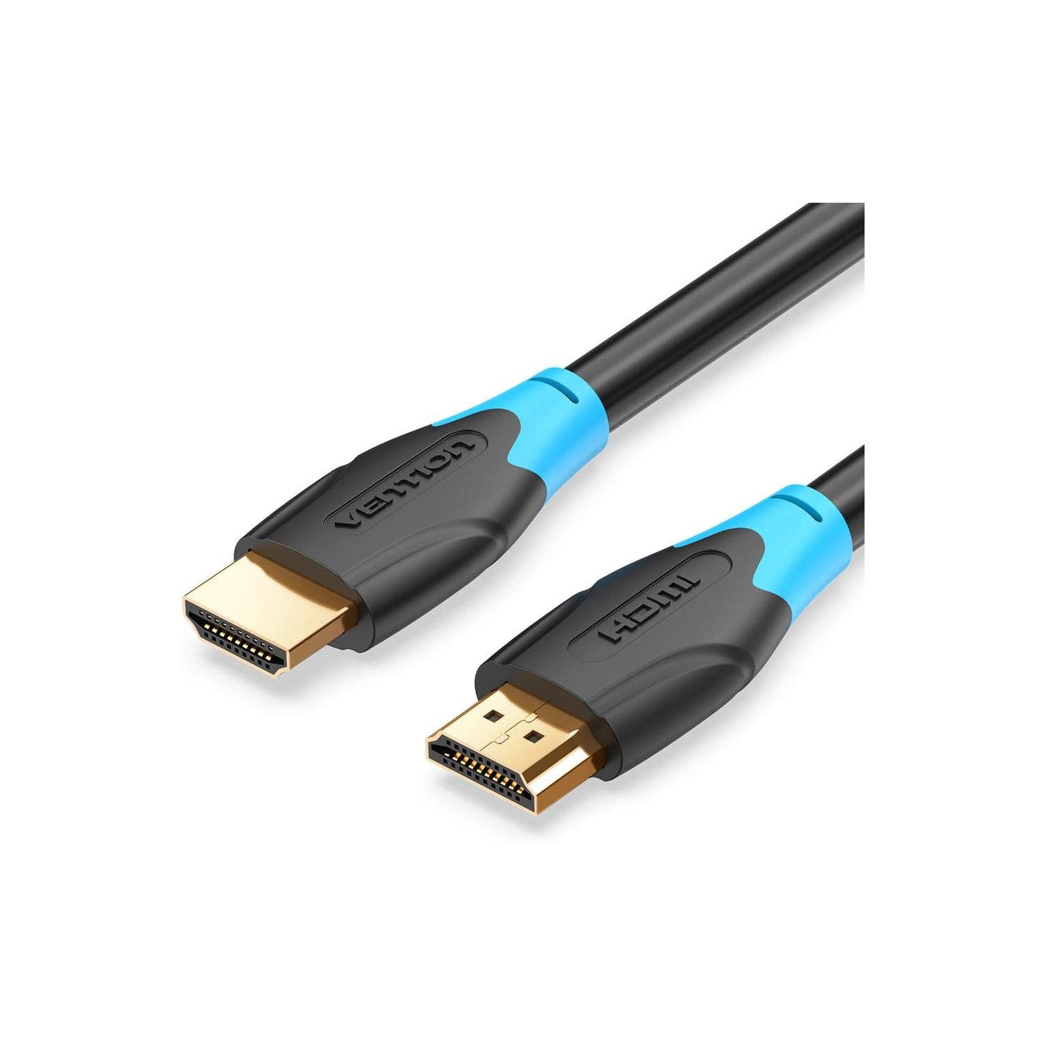 Cavo HDMI con dettagli neri e blu, connettori dorati e sfondo bianco.
