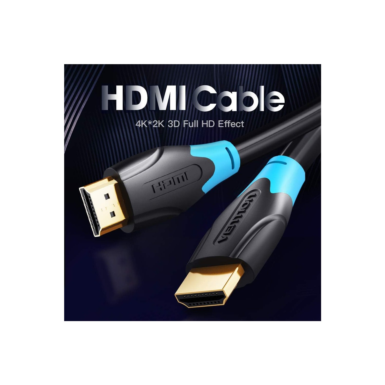 Cavo HDMI, nero e blu, con connettori dorati. Il testo "HDMI Cable" è in alto.