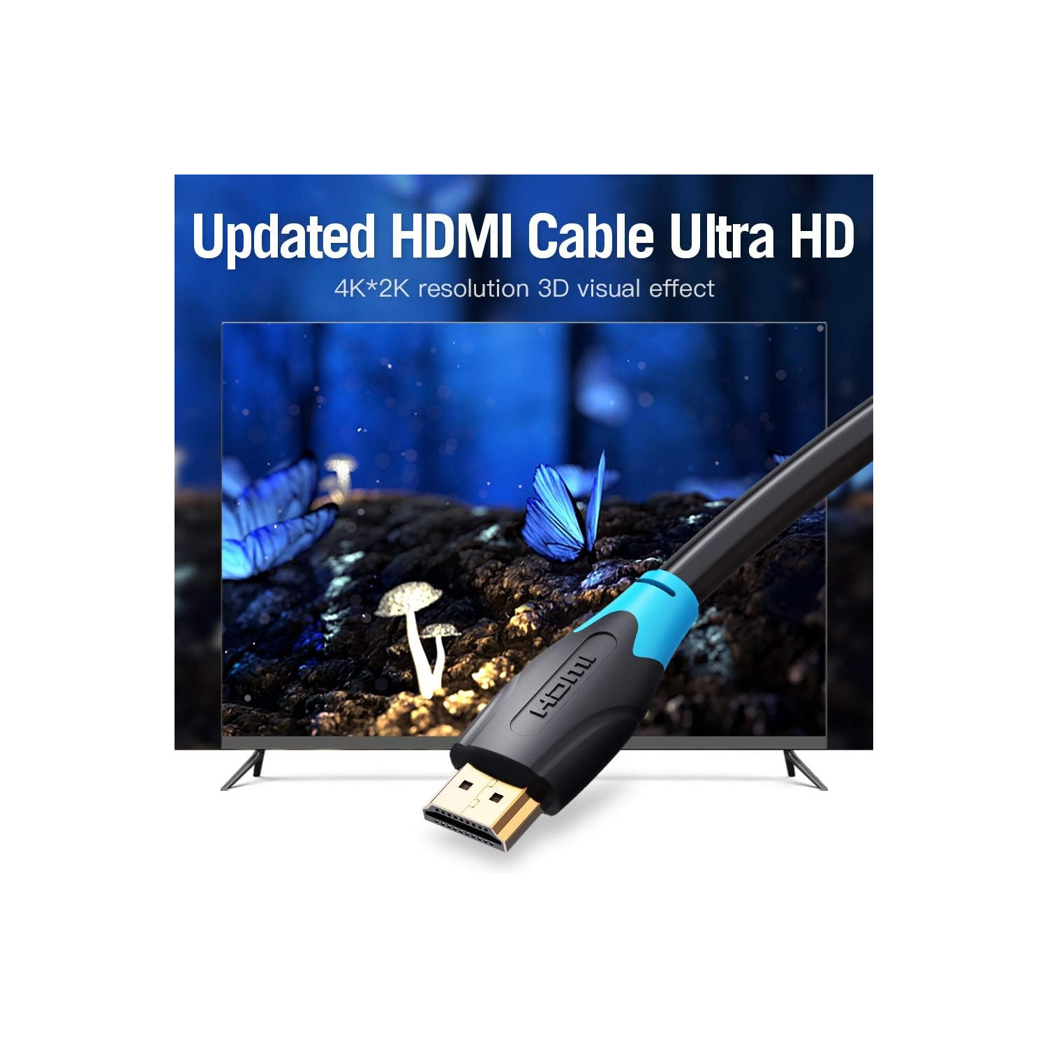 Cavo HDMI con connettori dorati, collegato a un televisore con una scena di farfalle. Cavo blu e nero.