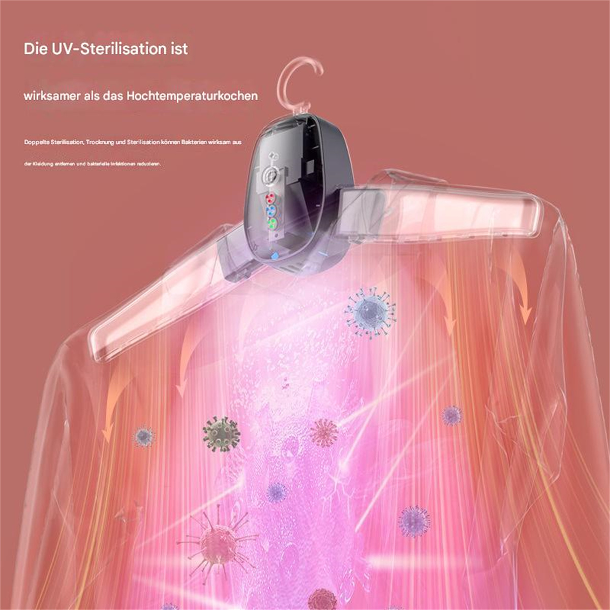 Ein Gerät zur Sterilisation von Kleidung. Der Text besagt, dass UV-Sterilisation wirksamer ist als Hochtemperaturkochen.