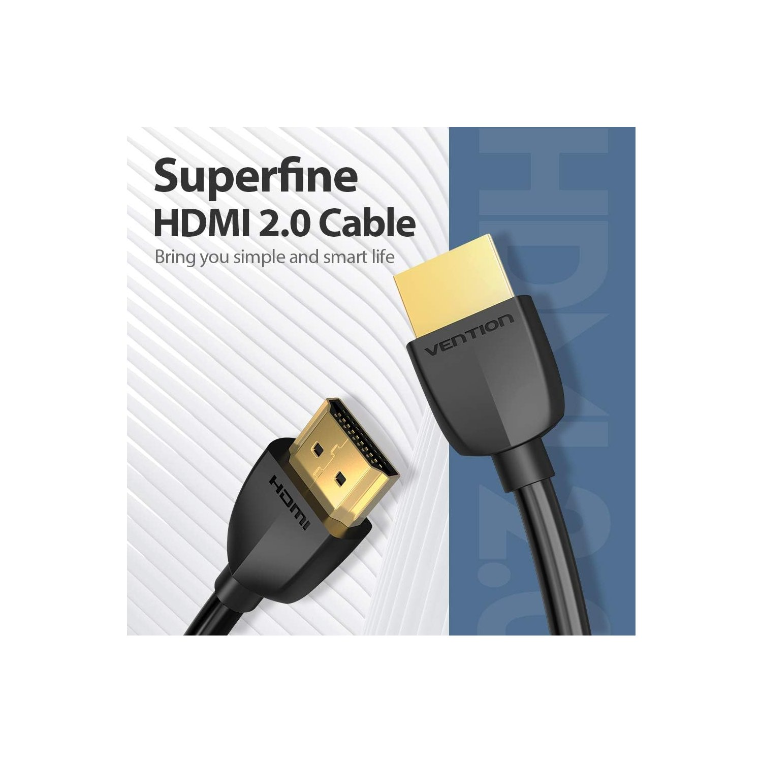Due cavi HDMI con connettori dorati. Uno angolato verso il basso, l'altro rivolto verso lo spettatore. Cavo nero.
