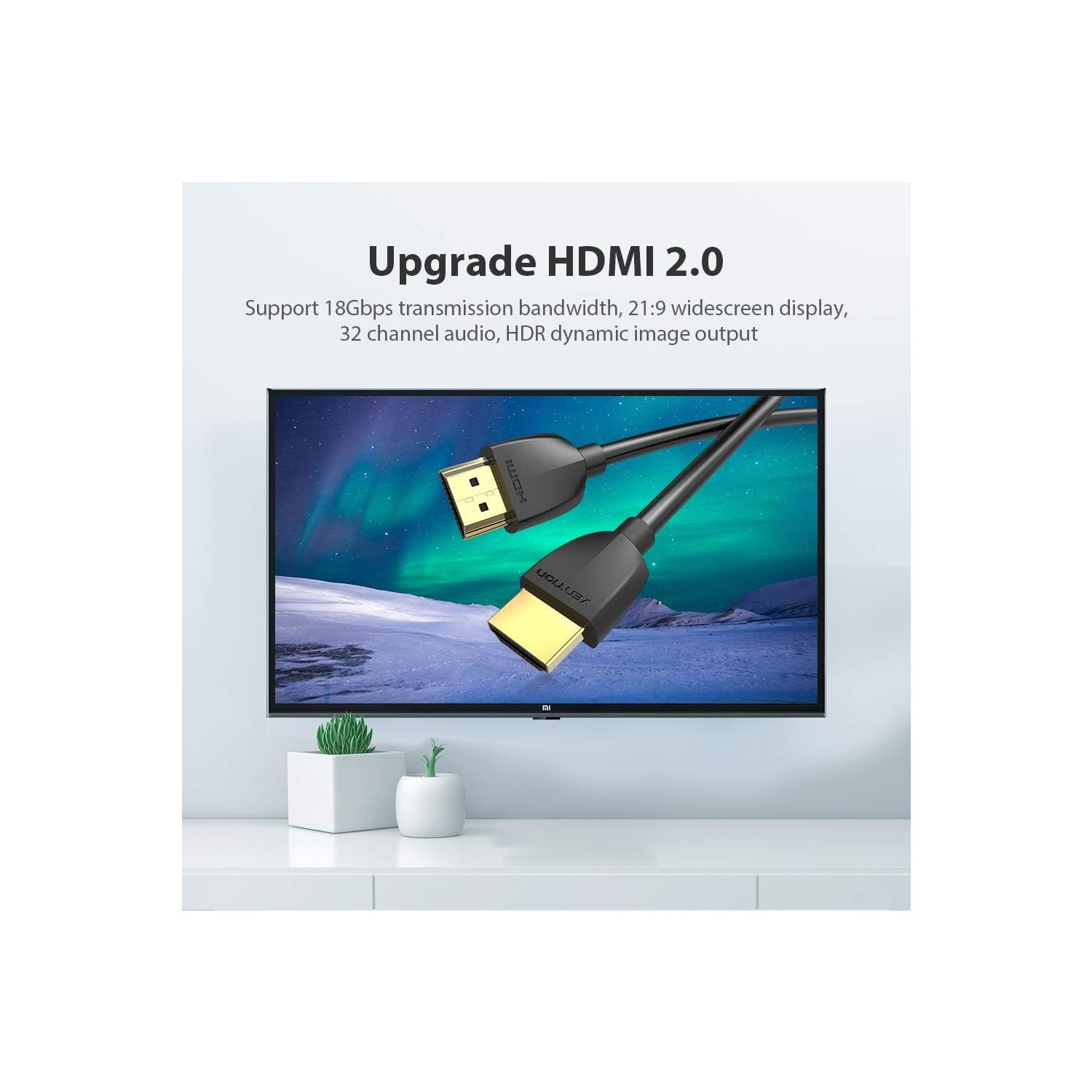 Cavo HDMI con schermo TV sullo sfondo. Testo: Aggiorna HDMI 2.0.