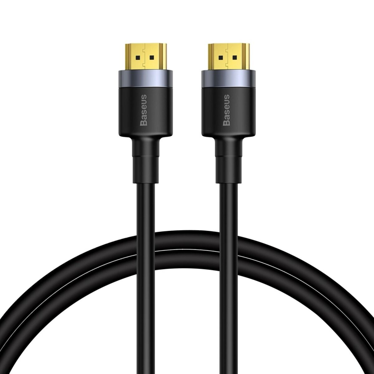 Schwarze HDMI-Kabel mit goldenen Steckern, Nahaufnahme, mit sichtbar dem 'Baseus'-Logo.