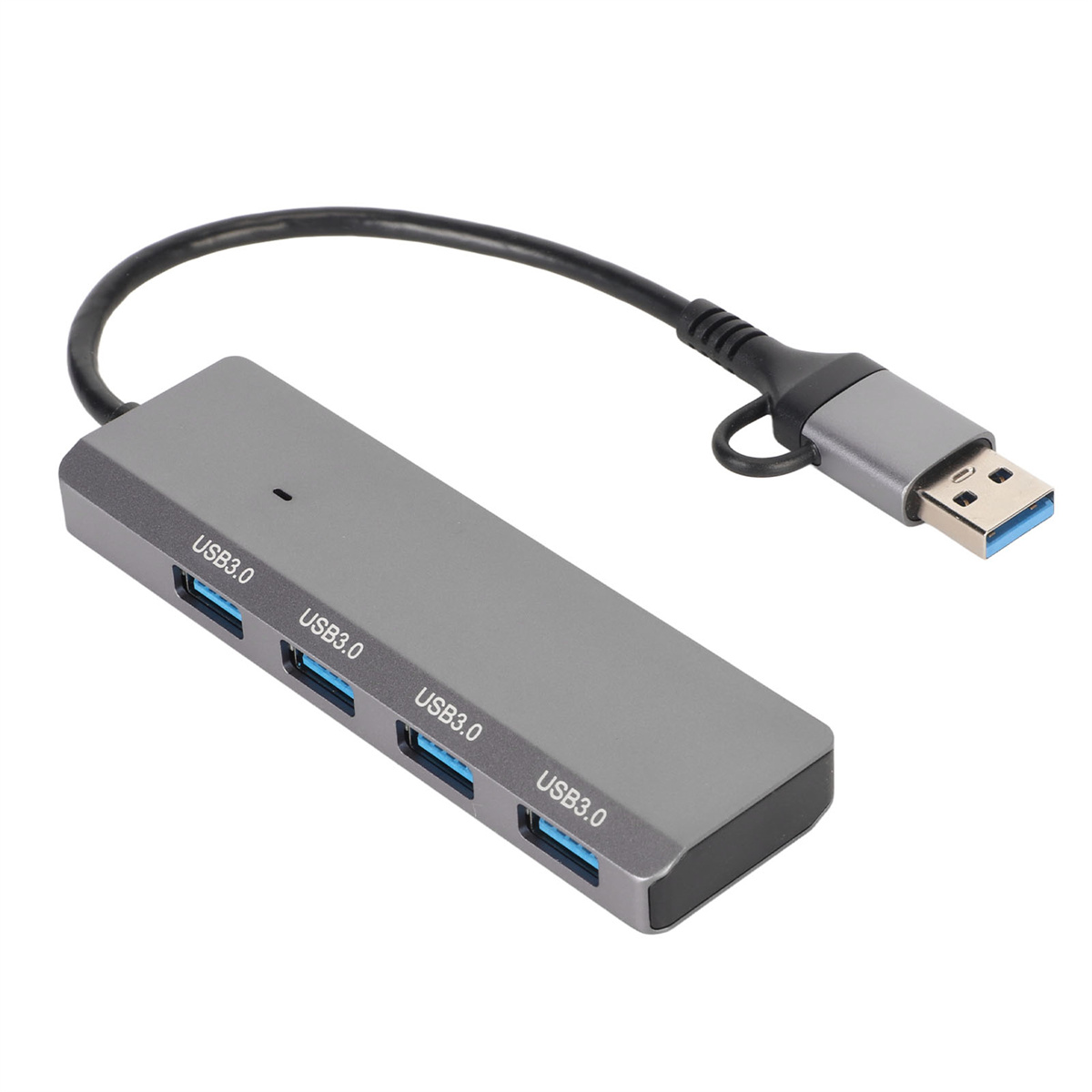 Grauer USB 3.0-Hub mit vier Anschlüssen und angeschlossenem USB-Kabel.