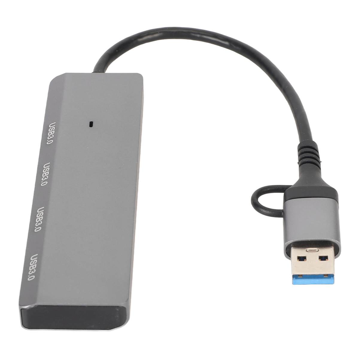 Ein grauer USB 3.0-Hub mit angeschlossenem schwarzen Kabel und USB-A-Anschluss, weißer Hintergrund.