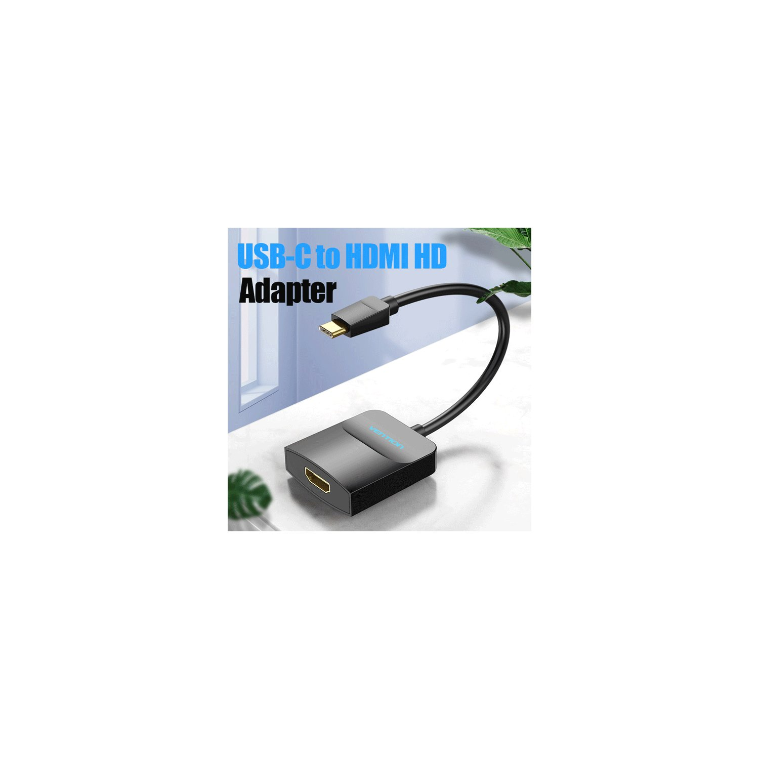 Un adaptador negro USB-C a HDMI. Caja negra con puerto HDMI y conector USB-C.