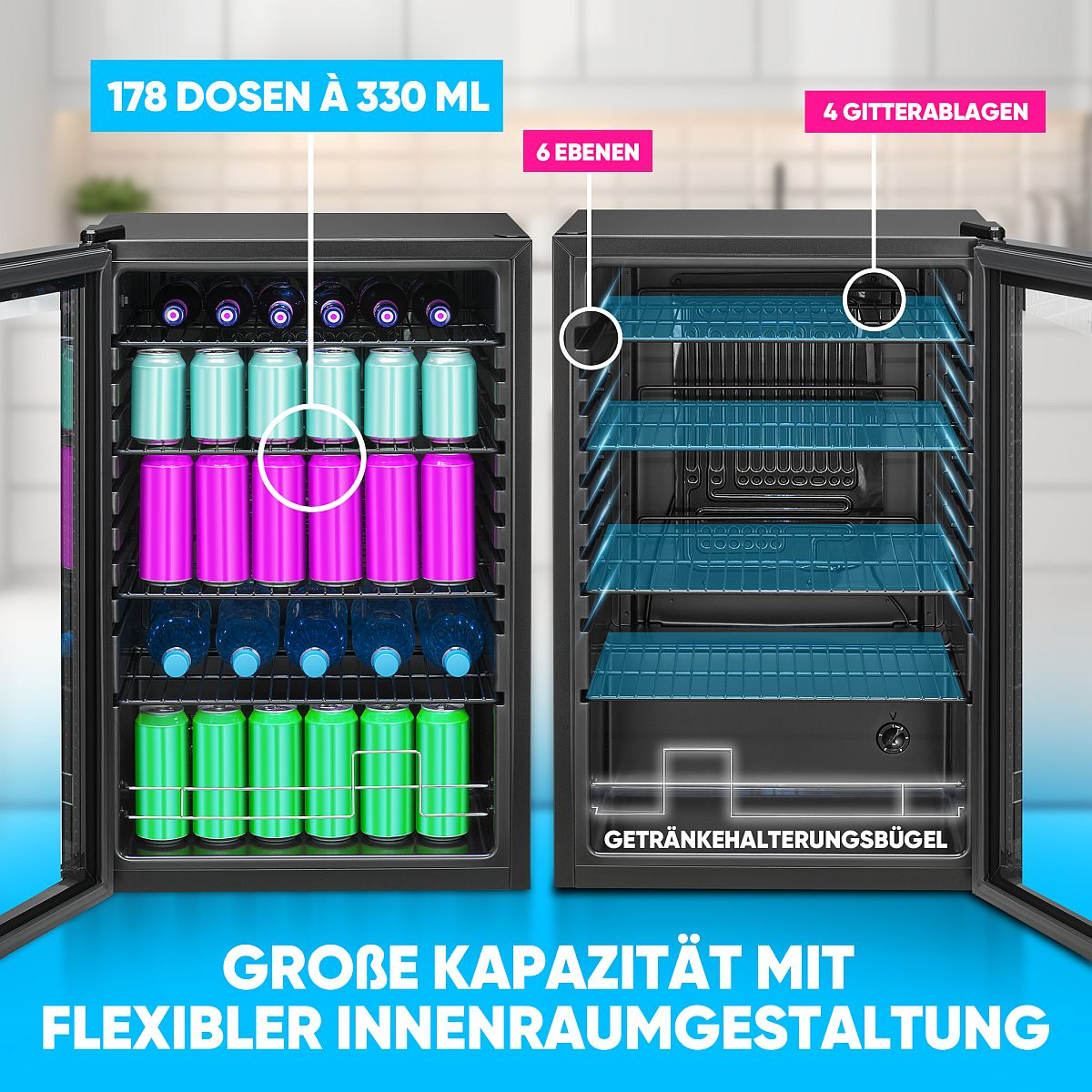 Kühlschrank mit Dosen im Inneren. Zeigt Regale und den Text: Große Kapazität mit flexiblem Innendesign.