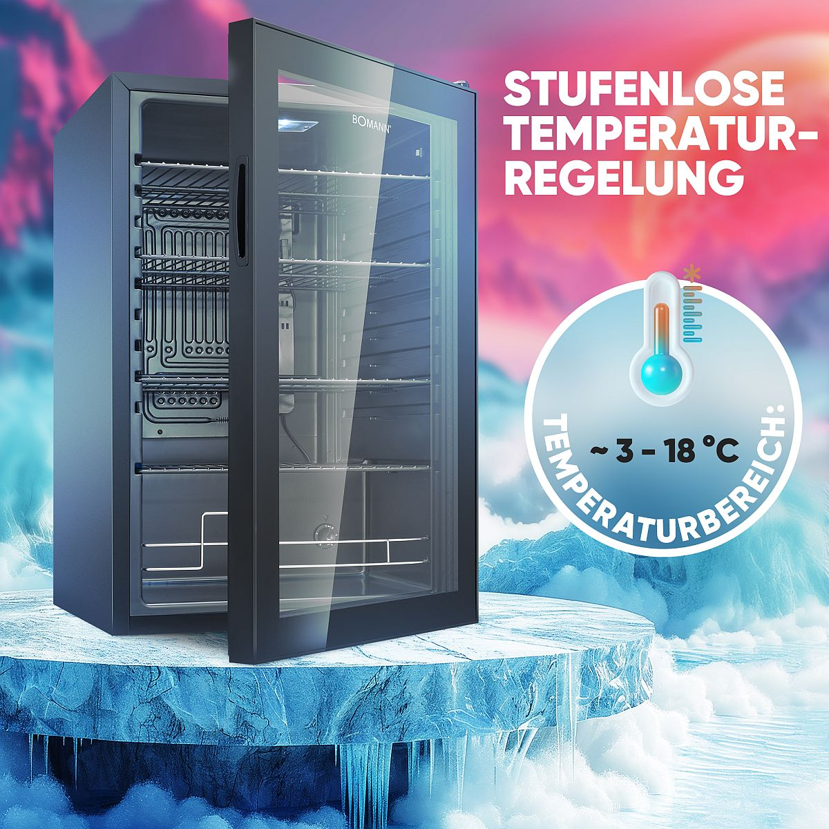 Ein schwarzer Kühlschrank mit Glastür, zeigt Temperaturbereich.