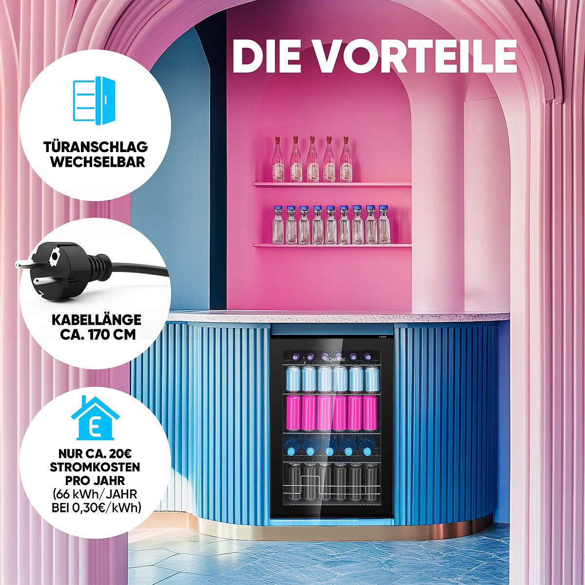 Eine Bar mit Kühlschrank und Stecker, gekennzeichnet mit Vorteilen wie niedrigen Kosten.