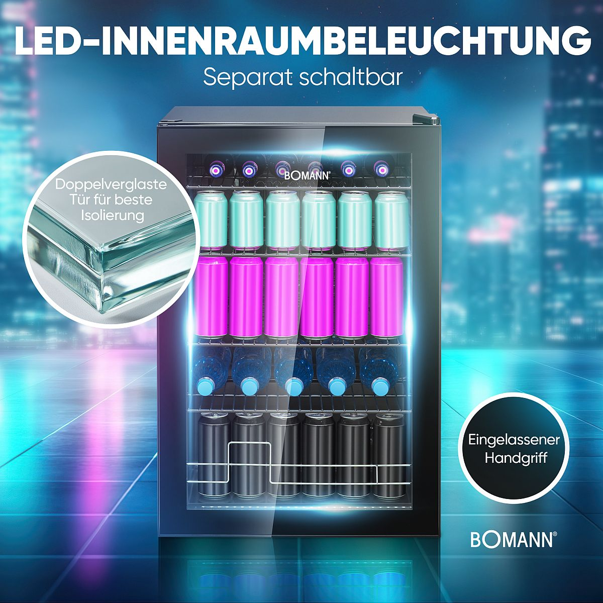 Ein schwarzer Mini-Kühlschrank mit Reihen von Getränken im Inneren, angezeigt unter einem blauen Hintergrund.