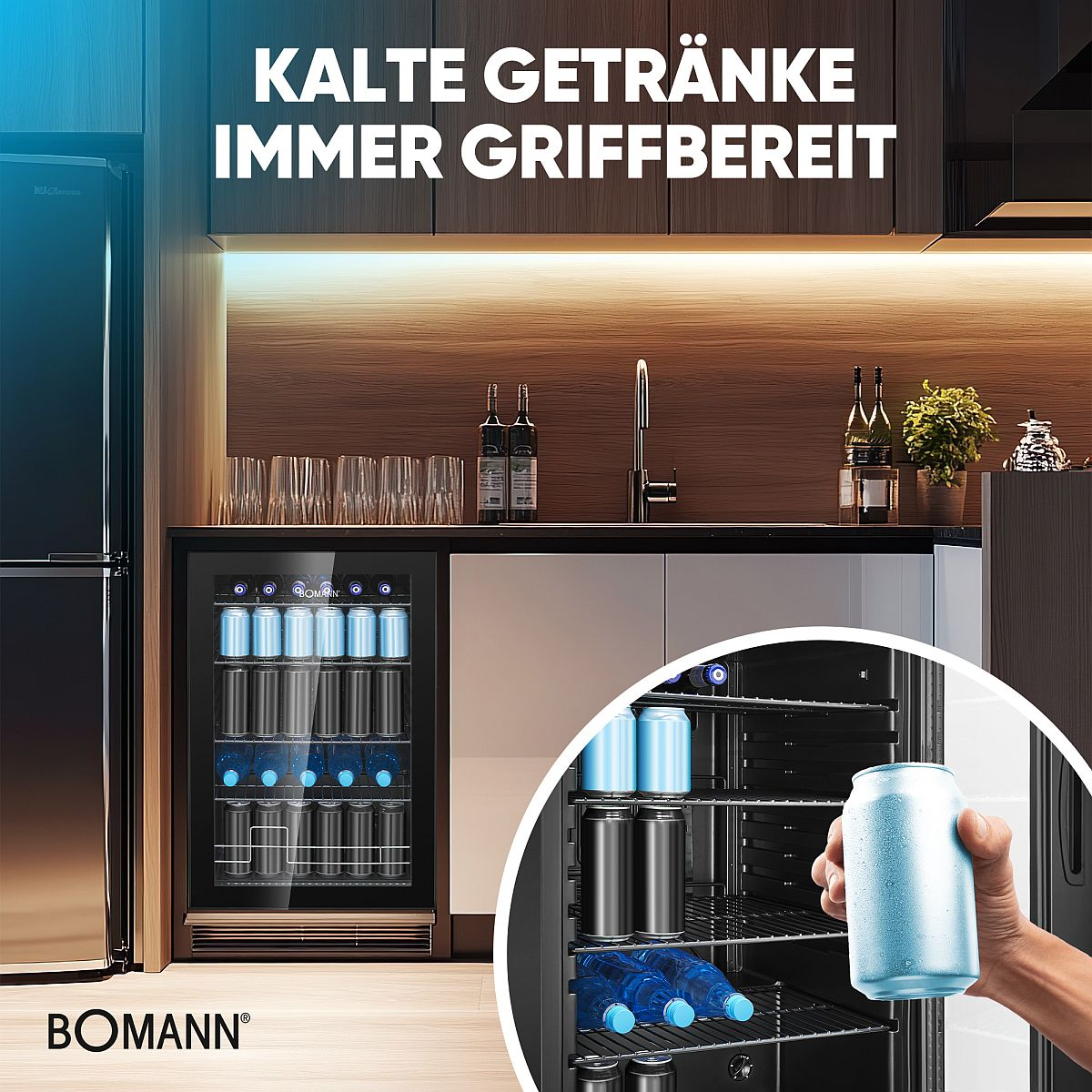 Kühlschrank mit Getränken und Hand mit Dose.