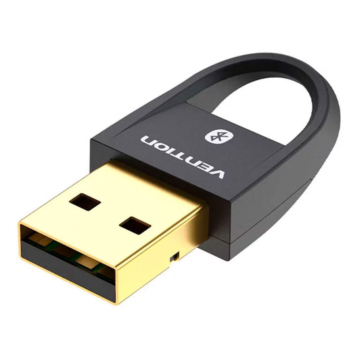 Adattatore Bluetooth USB Vention nero con connettore USB dorato.