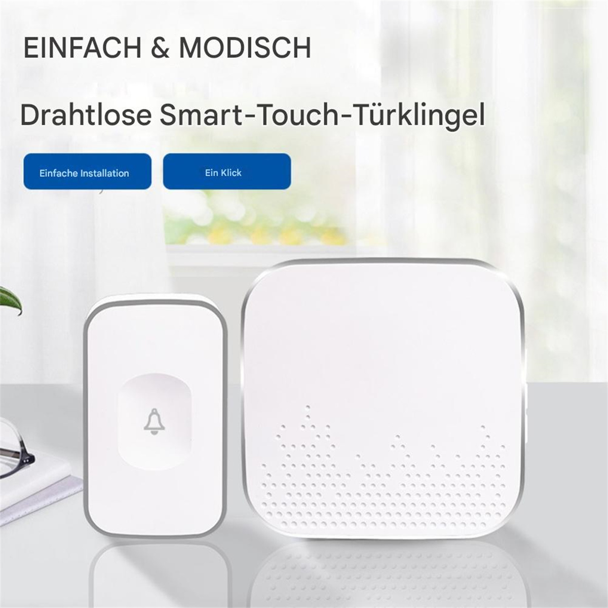 Eine weiße Türklingel mit Glockensymbol und einem quadratischen Empfänger. Zwei Knöpfe am Empfänger.