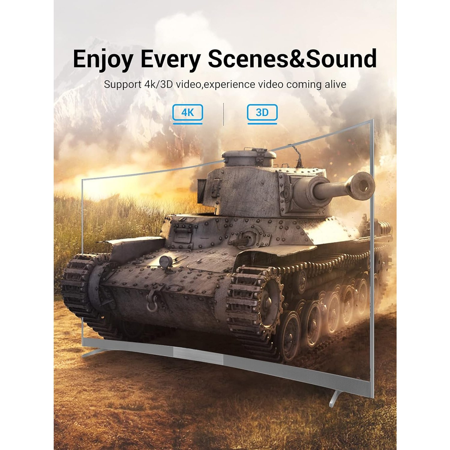 Ein geschwungener TV-Bildschirm mit einem Panzerbild. Text sagt 'Enjoy Every Scenes & Sound', 4K- und 3D-Symbole.