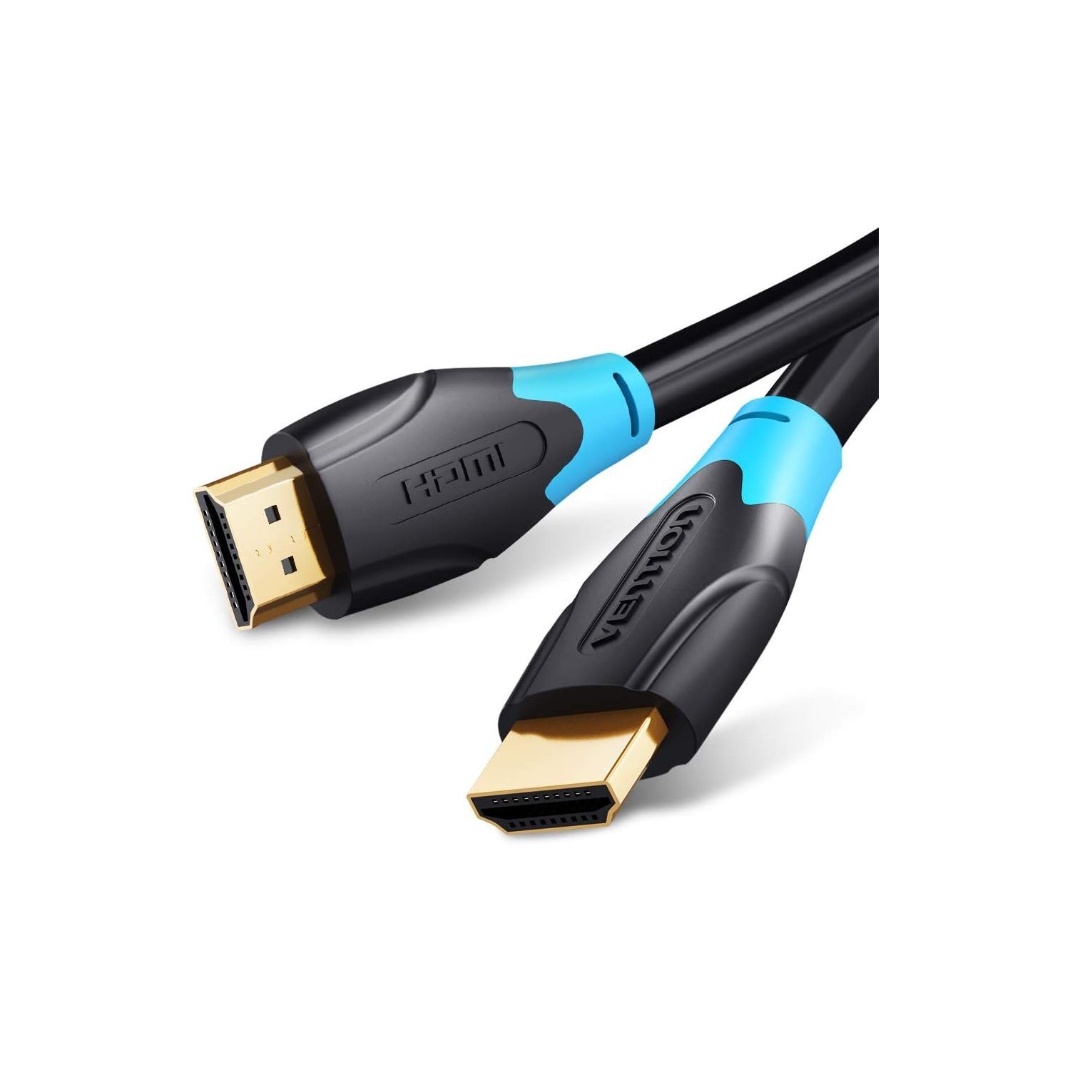 Cavo HDMI nero con connettori dorati e dettagli blu. Il cavo è angolato.