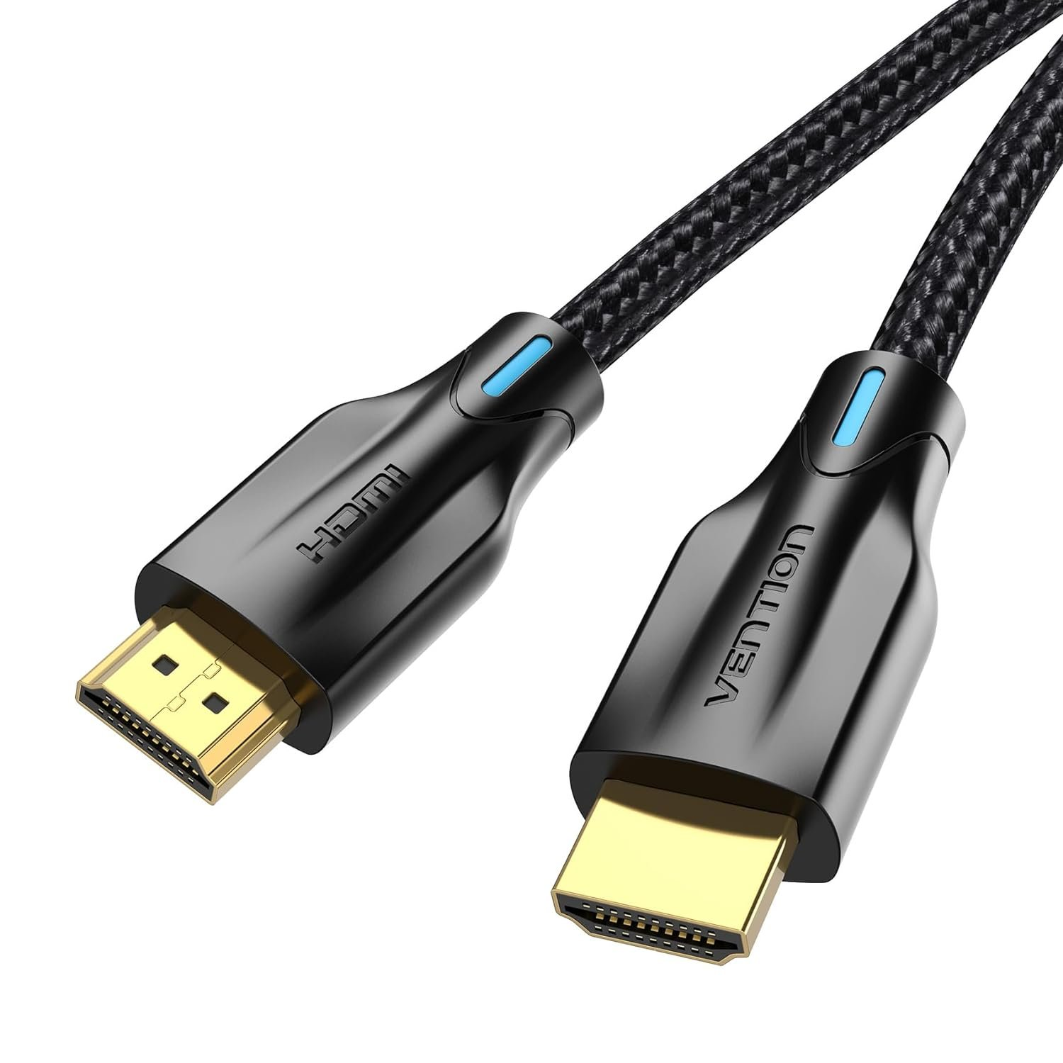 Schwarzes HDMI-Kabel mit vergoldeten Steckern und blauen Akzenten. Vention-Logo.