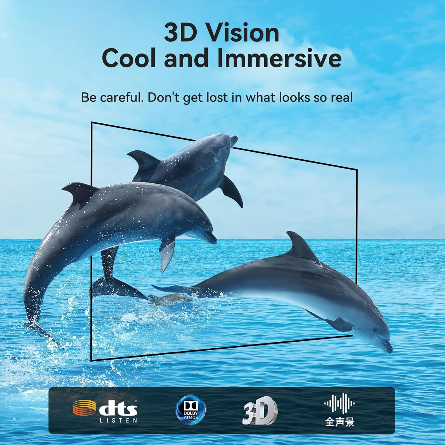 Drei Delfine springen aus blauem Wasser unter klarem Himmel mit Text, der 3D-Vision bewirbt.