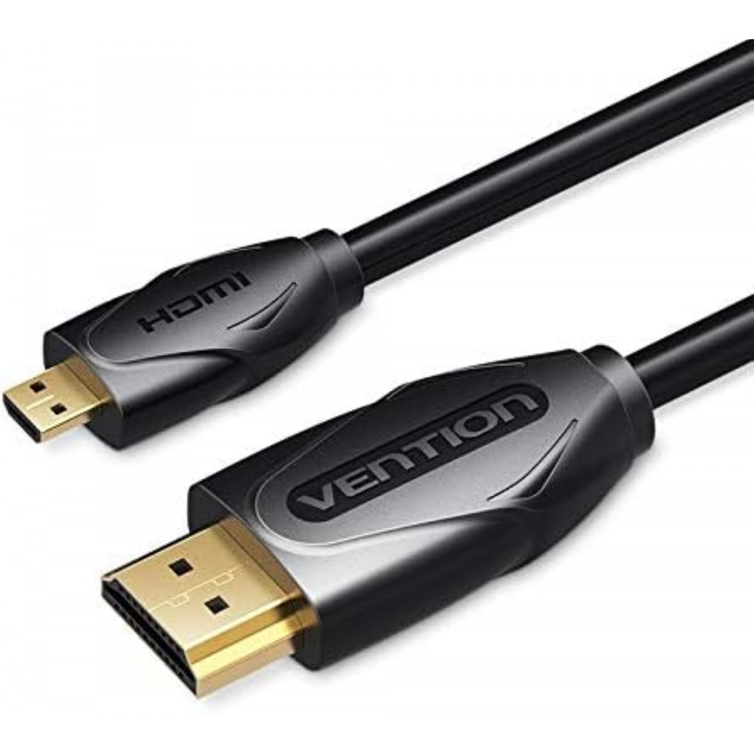 Cavo HDMI nero con connettori HDMI e micro HDMI, con testo 'Vention' su un connettore.