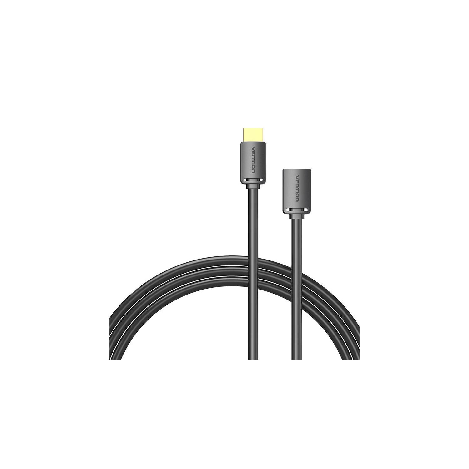Schwarzes HDMI- und USB-C-Kabel. Die Anschlüsse sind grau. Das Kabel ist auf weißem Hintergrund.