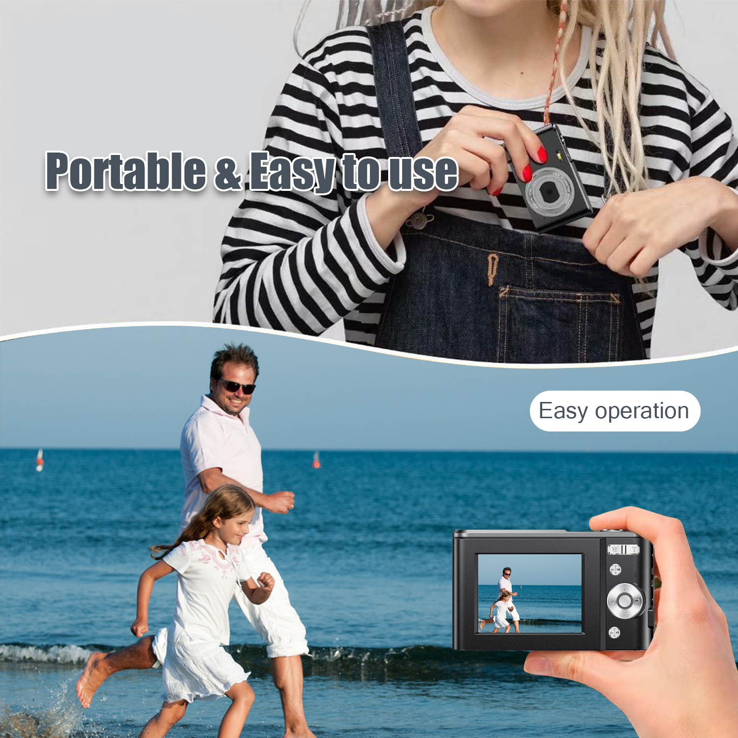 Kobieta trzymająca aparat, z mężczyzną i dzieckiem biegającymi na plaży oraz tekstem 'Przenośny i łatwy w użyciu'.