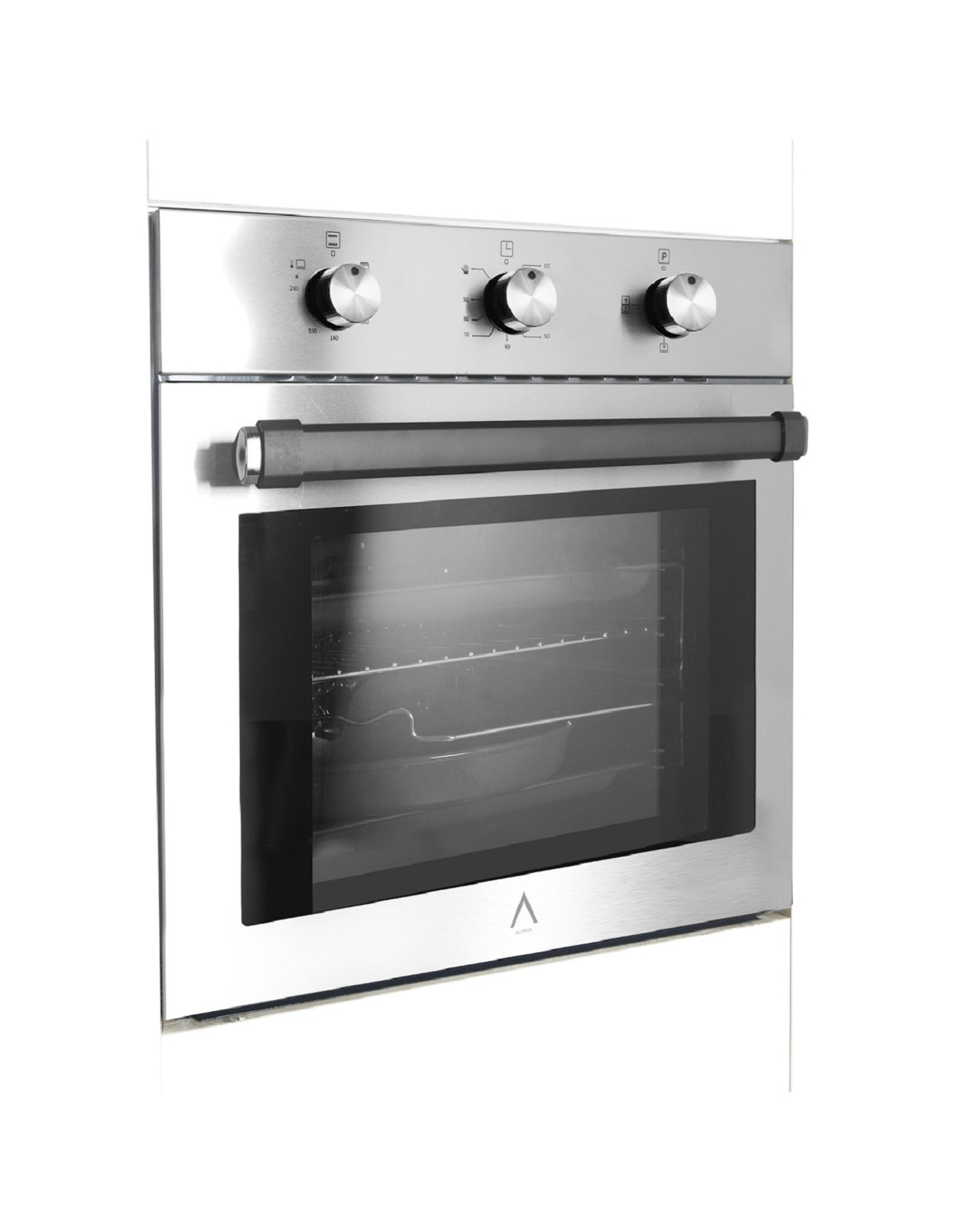 Horno de acero inoxidable con tres perillas y un asa. La puerta del horno es negra.