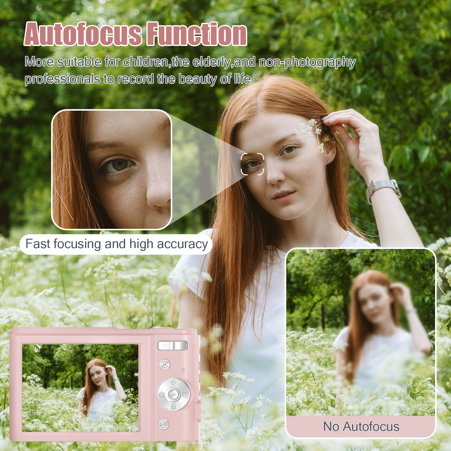 Kobieta z rudymi włosami trzyma różowy aparat. Jest zbliżenie oka.