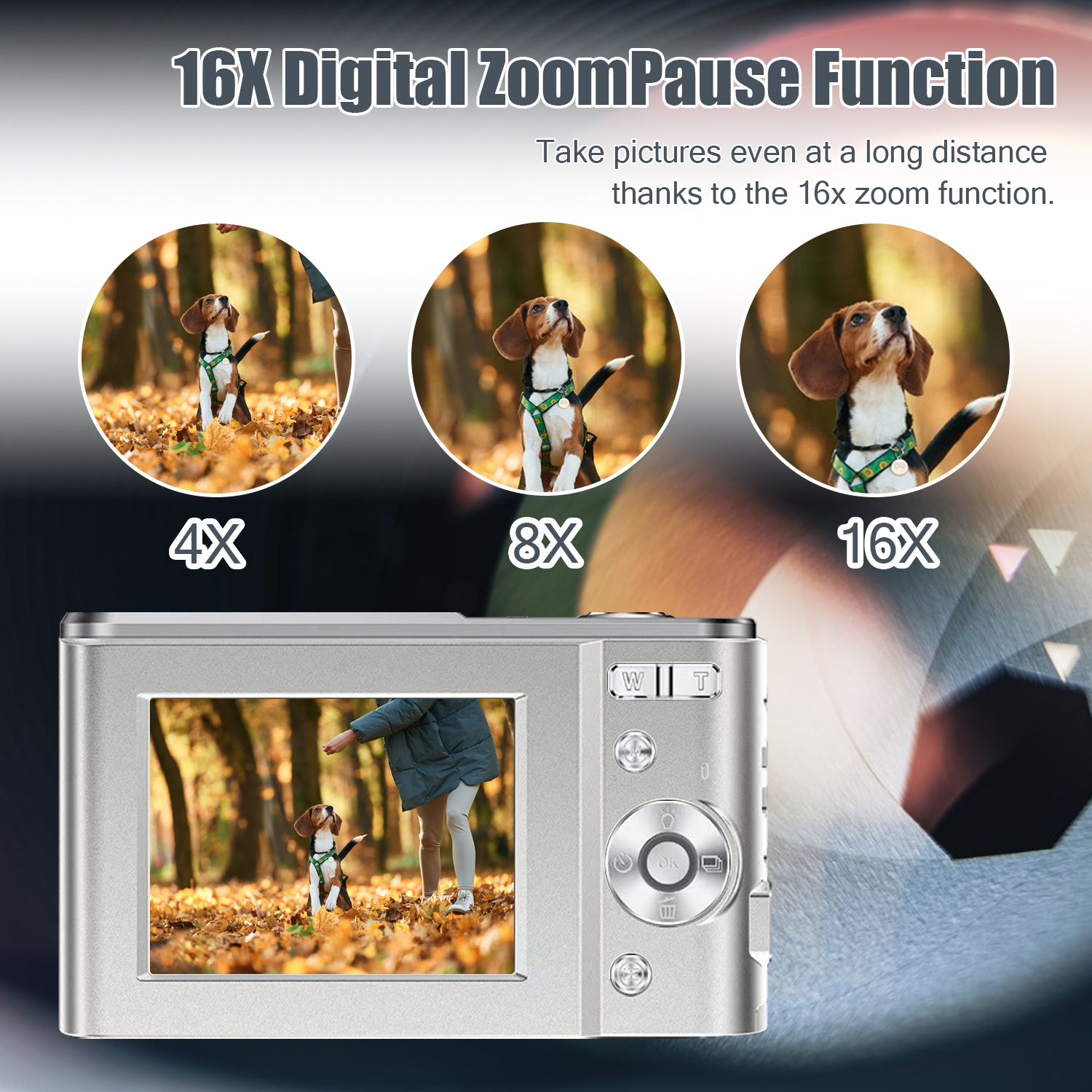 Srebrny aparat cyfrowy z zdjęciem psa, zoom 4x, 8x i 16x.