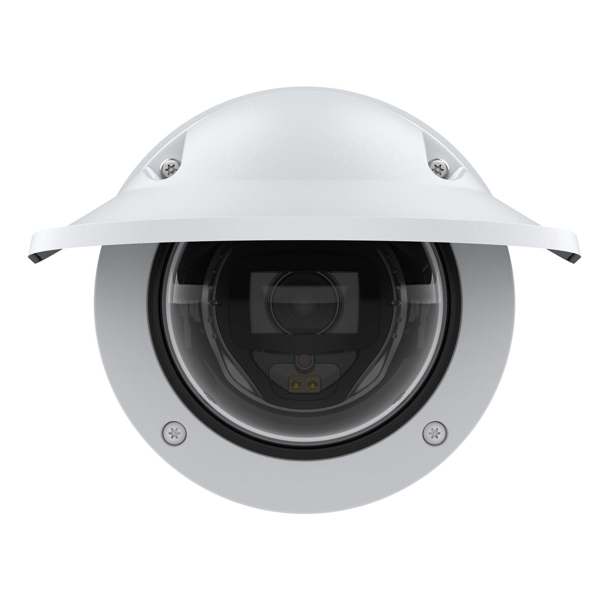 Biała kamera bezpieczeństwa z osłoną przeciwsłoneczną, widok z bliska.