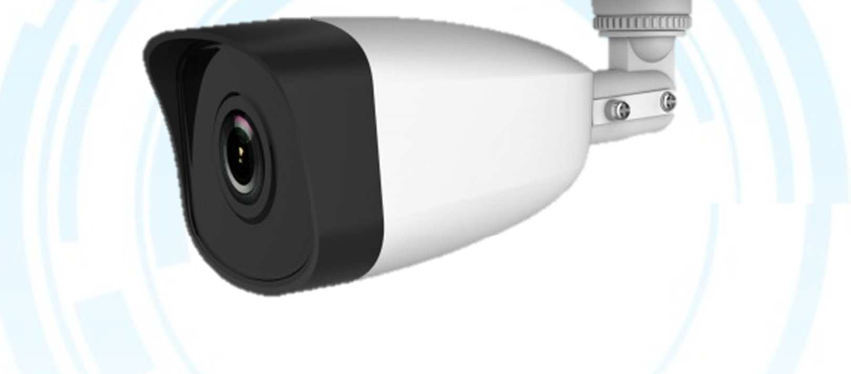 Biała kamera bezpieczeństwa z czarną osłoną obiektywu i okrągłym wzorem na białym tle.