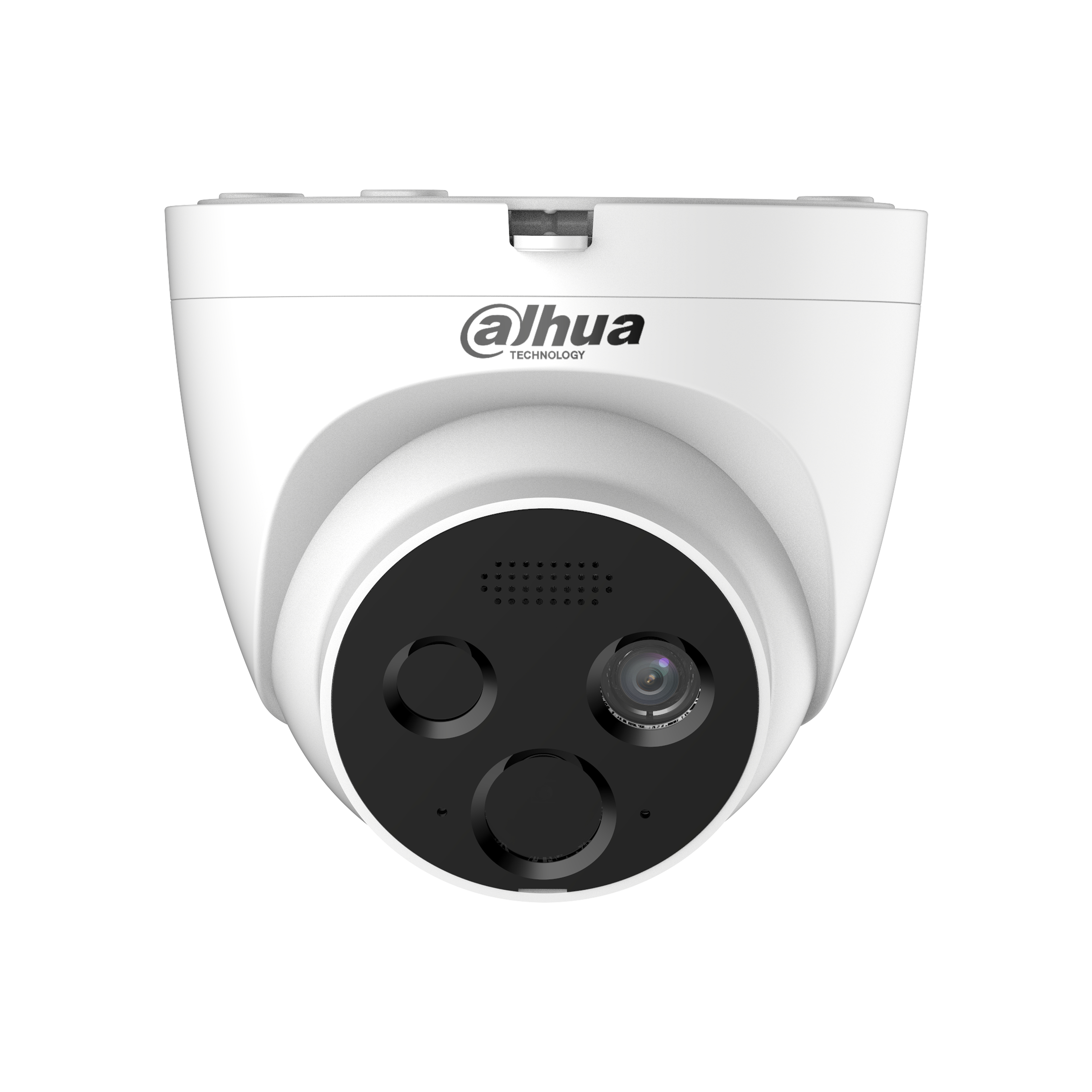 Cámara de seguridad domo blanca con un diseño circular negro en la parte frontal.