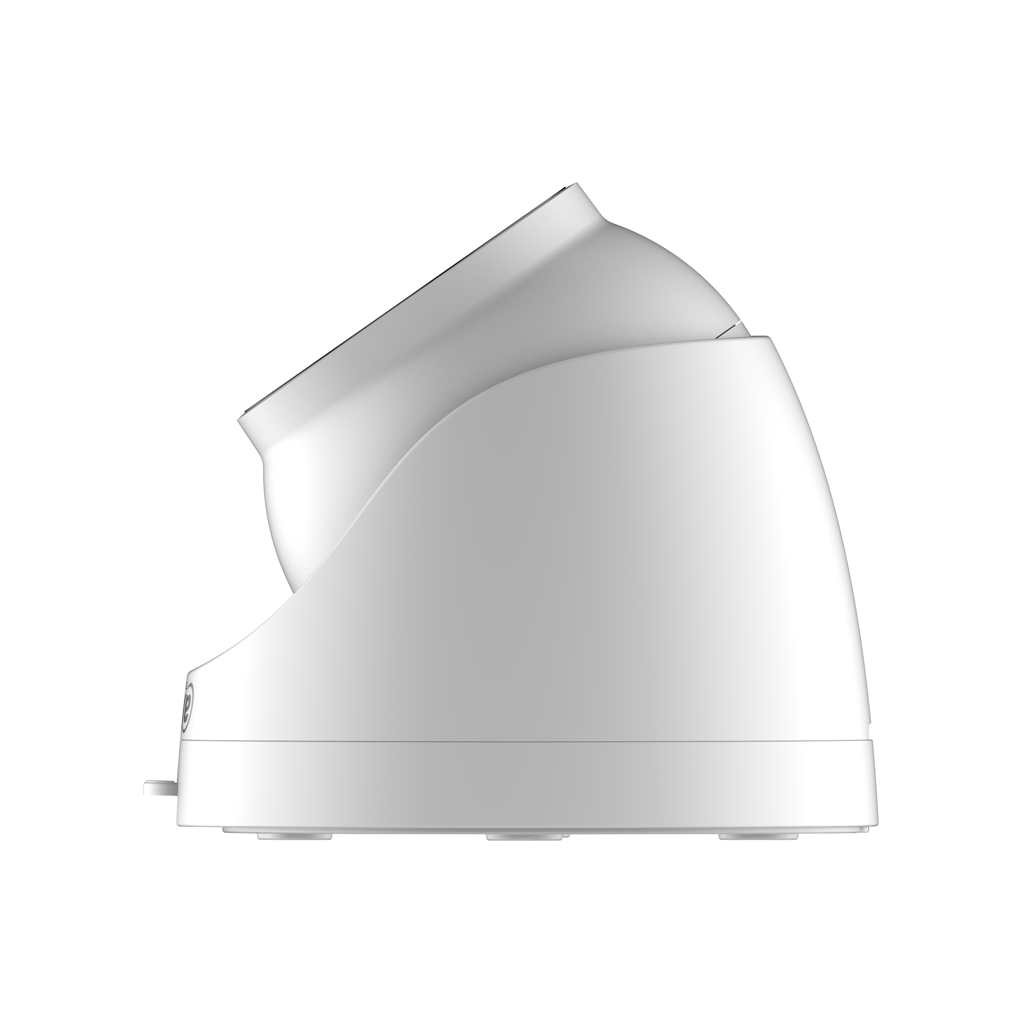 Cámara de seguridad domo blanca que muestra su perfil lateral y características de montaje.