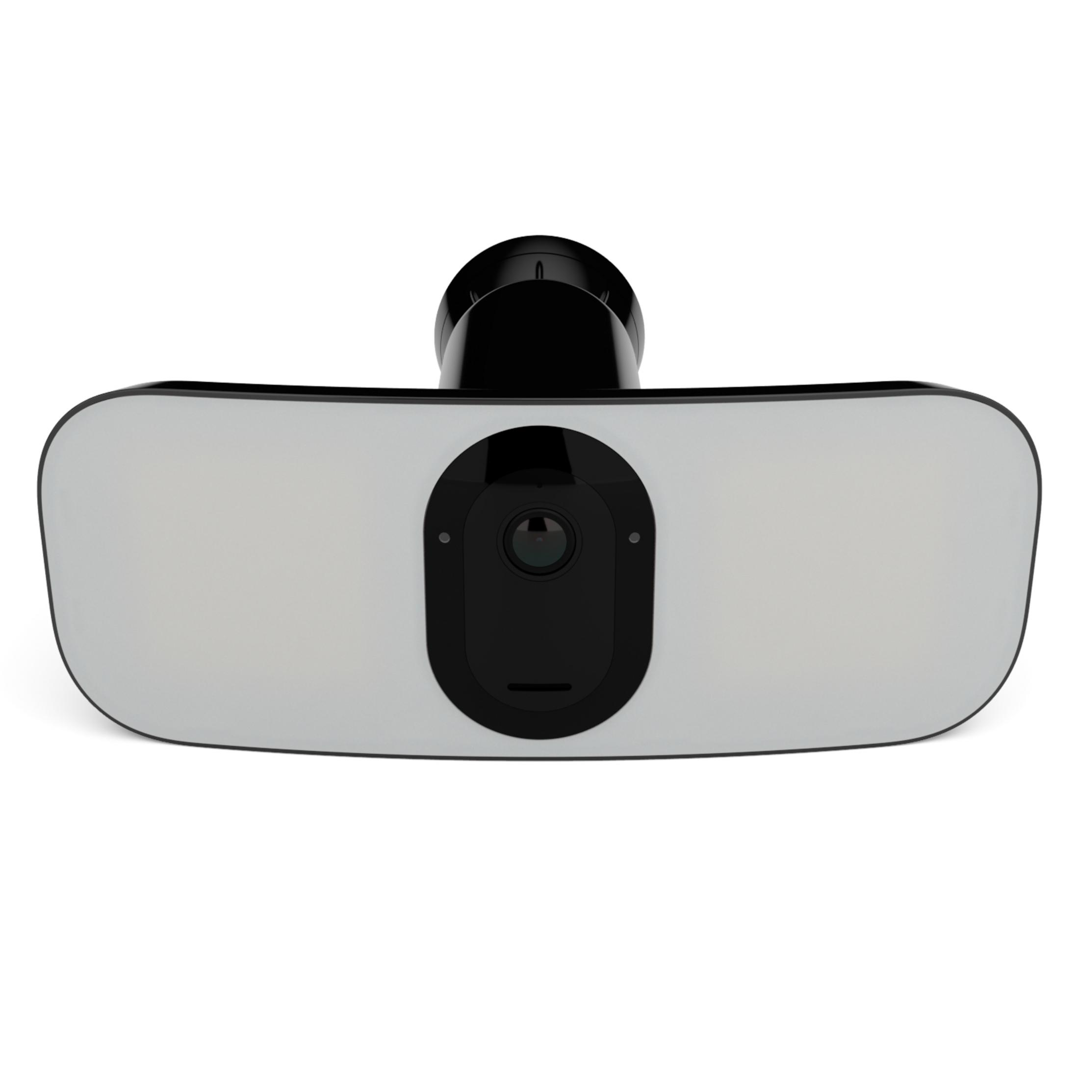 Czarna kamera bezpieczeństwa z dwoma białymi światłami. Urządzenie jest na białym tle.