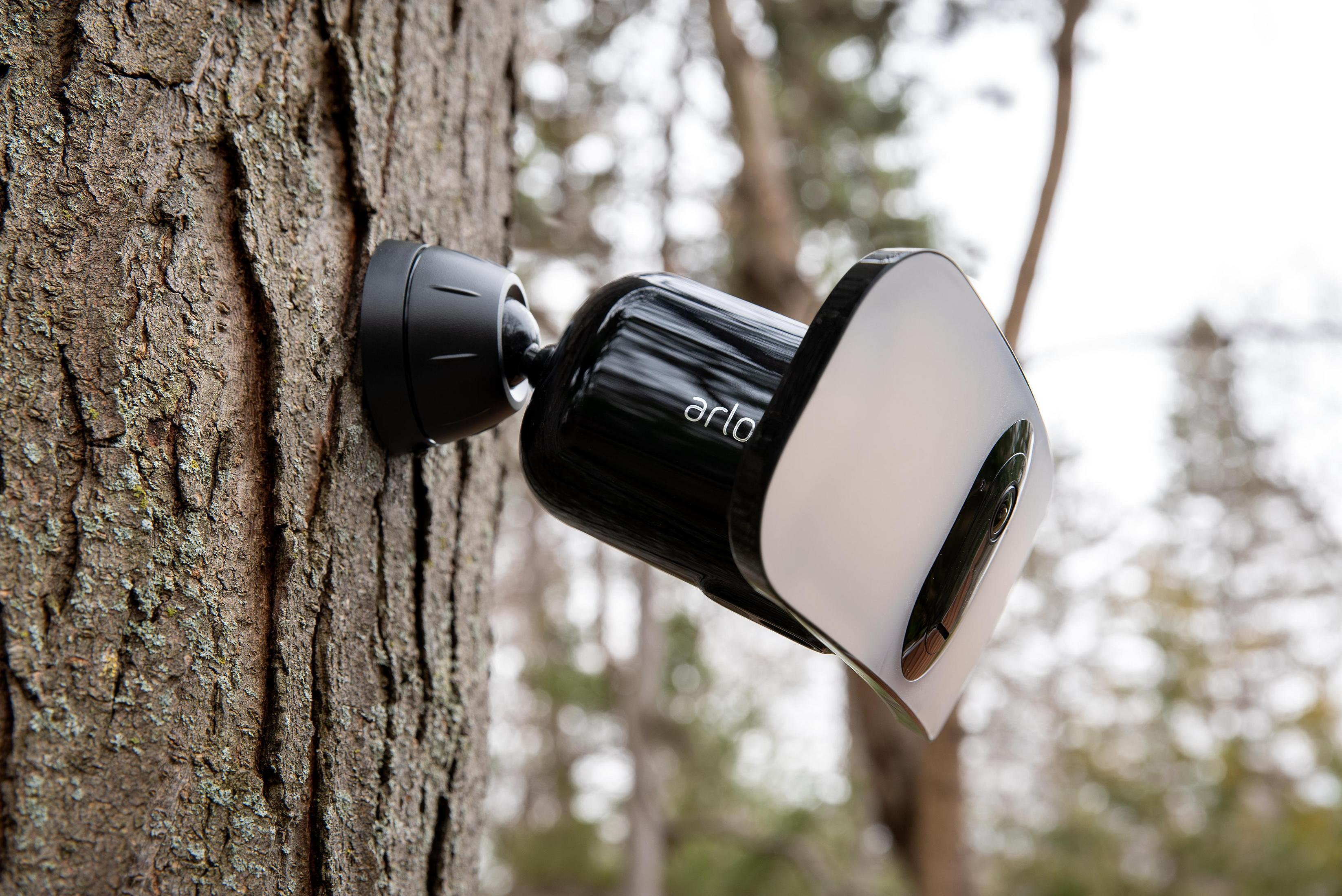 Czarno-biała kamera bezpieczeństwa Arlo zamontowana na pniu drzewa. Jest skierowana w prawo.