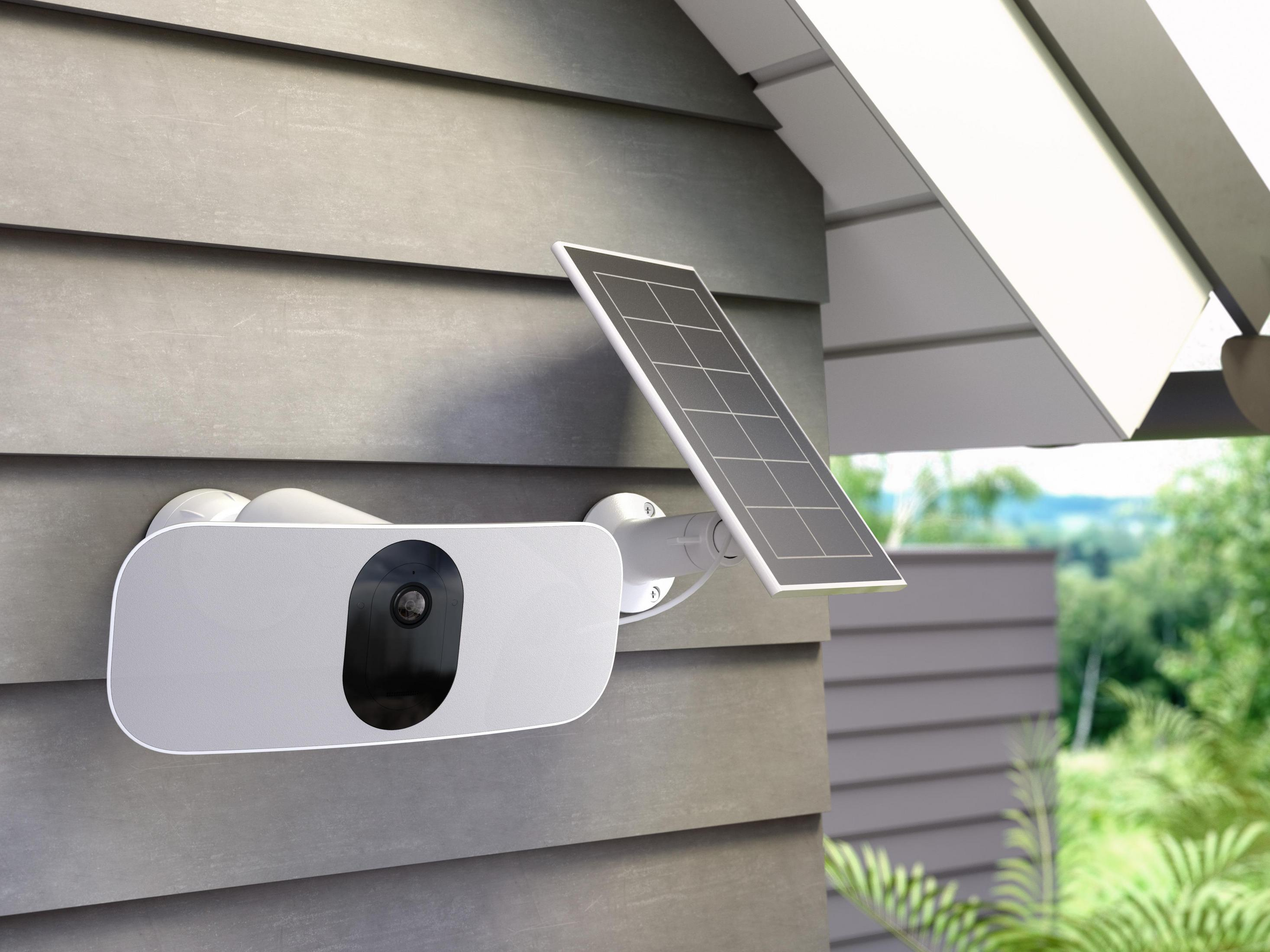 Białe oświetlenie zabezpieczające zasilane energią słoneczną zamontowane na szarej ścianie z zielonymi liśćmi.