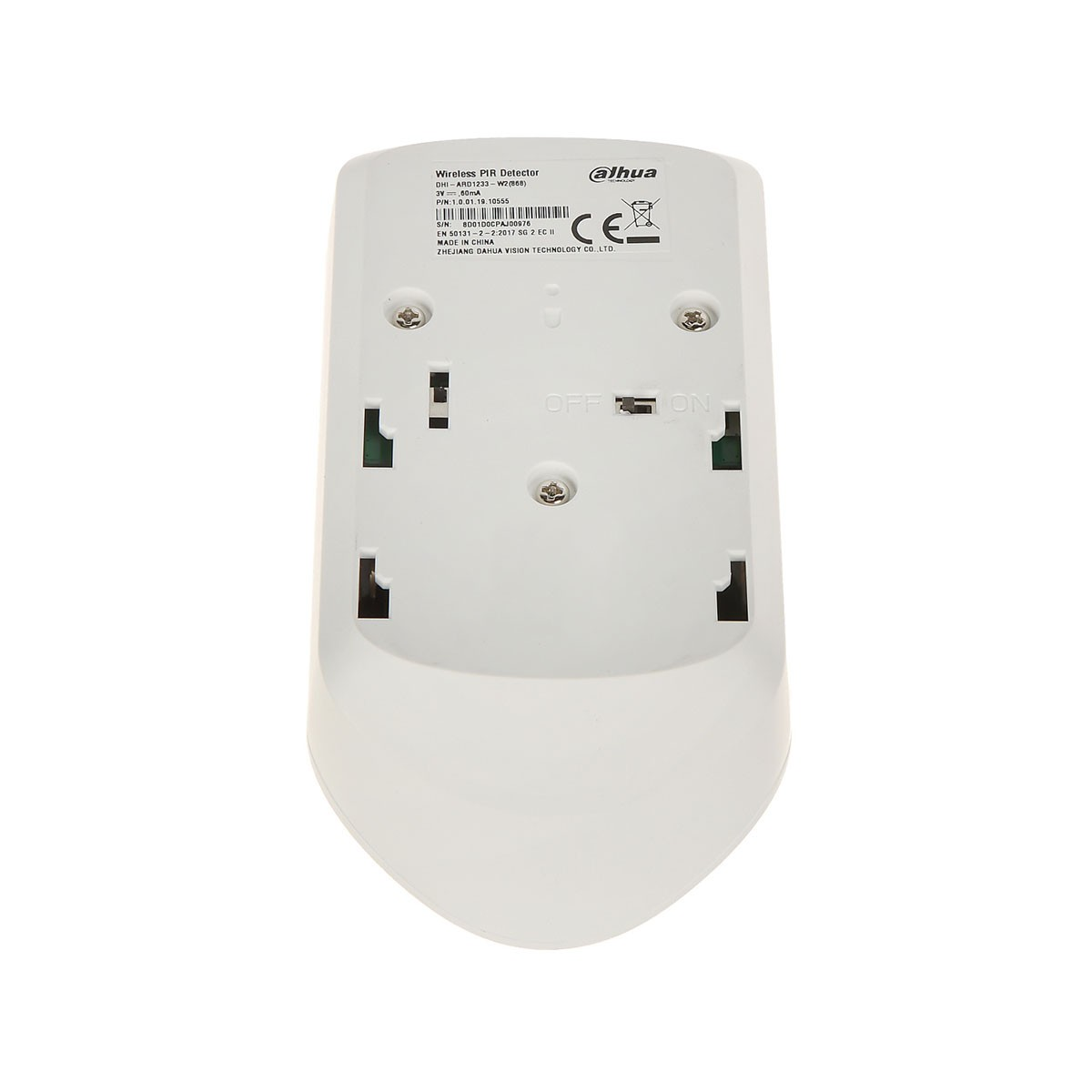 Biały detektor PIR Dahua Wireless, z czarnym wnętrzem i widocznym przełącznikiem on/off.