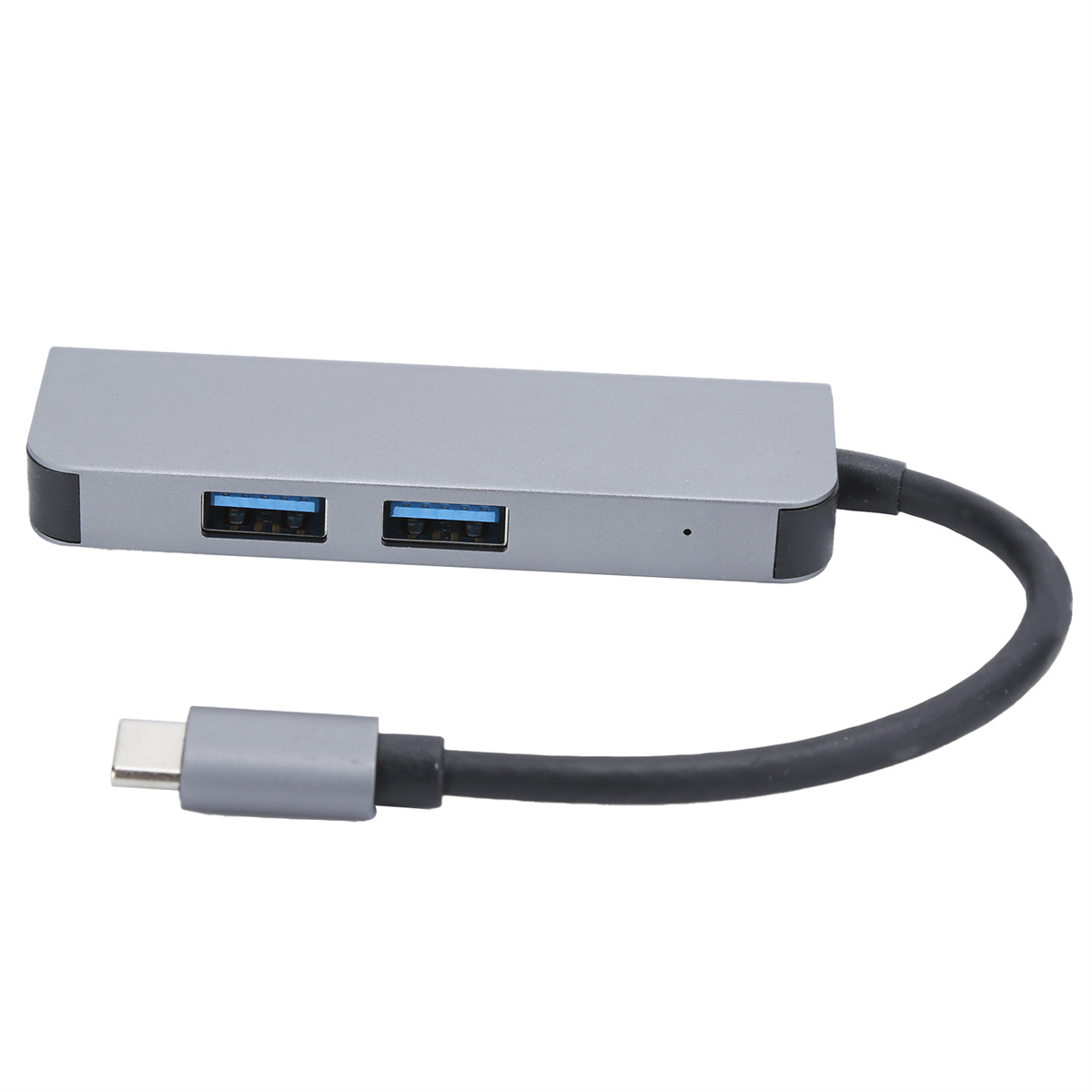 Silberner USB-Hub mit zwei USB-Anschlüssen und einem USB-C-Kabel.