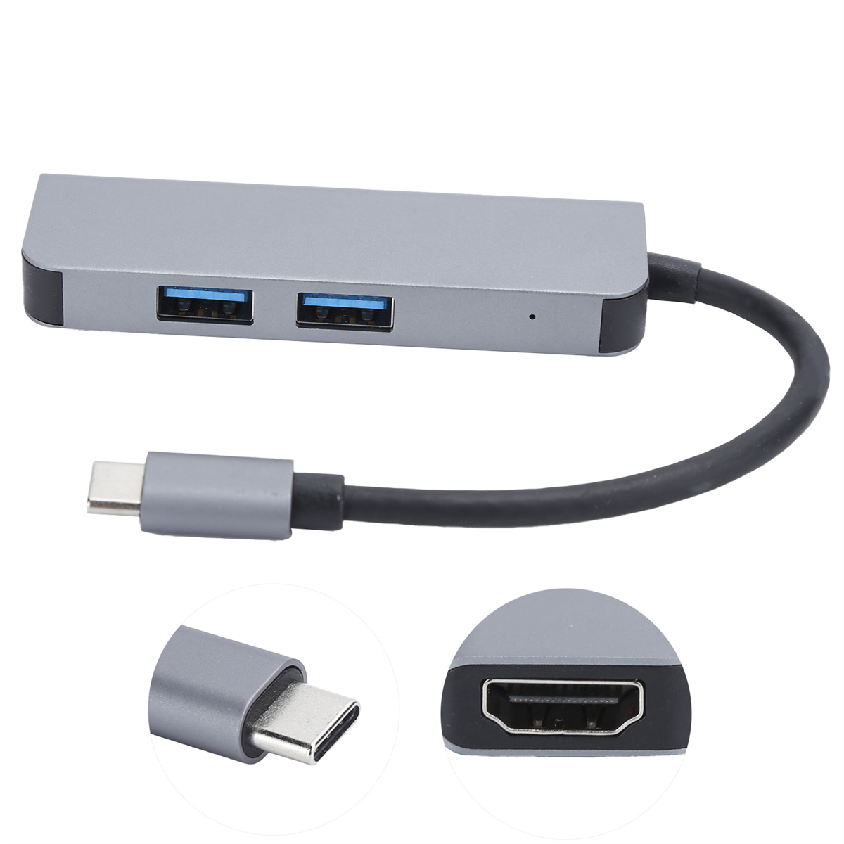 Grauer USB-Hub mit zwei USB-Anschlüssen, USB-C und HDMI. Schwarzes Kabel befestigt.