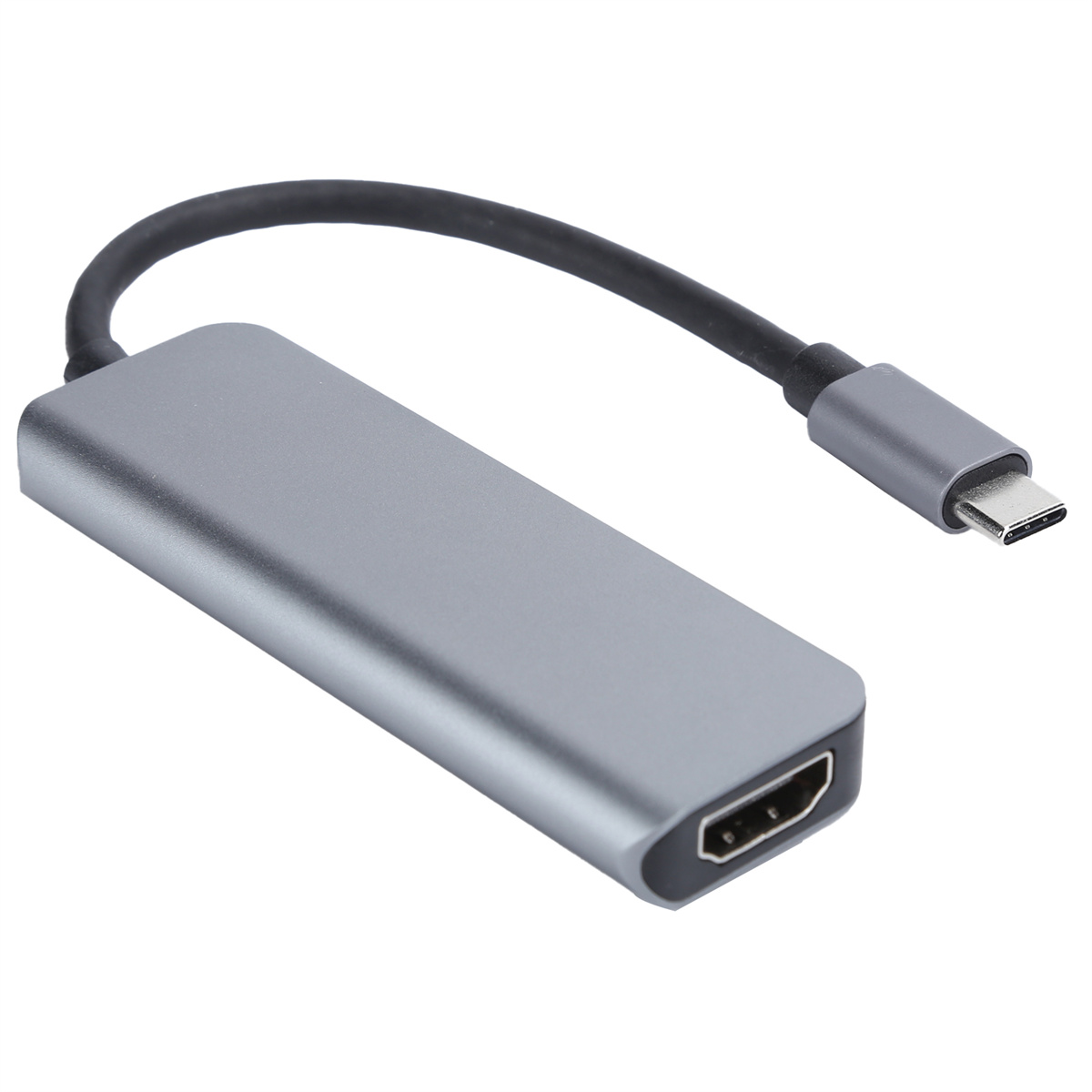 Ein silbernes und graues USB-C-auf-HDMI-Adapterkabel. Auf weißem Hintergrund.