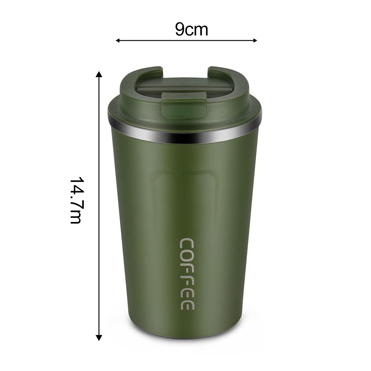 Grüner Reisebecher mit dem Wort „COFFEE“ und Maßangaben.