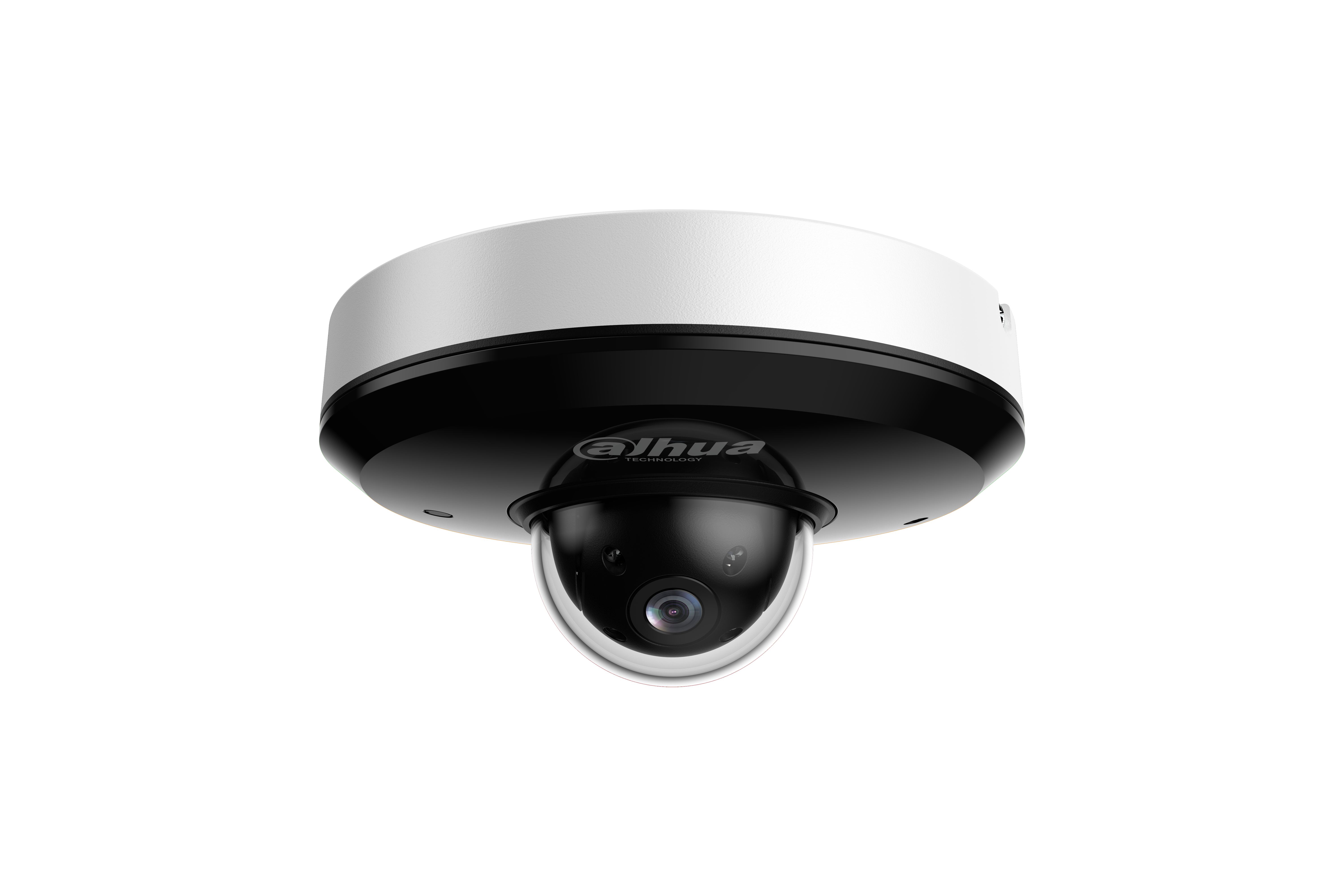 Telecamera di sicurezza dome bianca con un elemento lente nero.