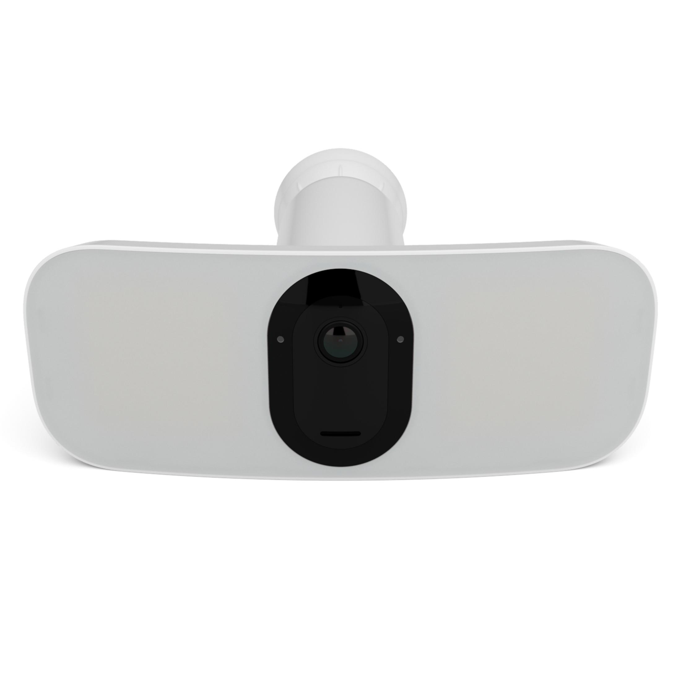 Biała kamera bezpieczeństwa z reflektorem i czarnym centralnym obiektywem. Ma dwa światła po każdej stronie.