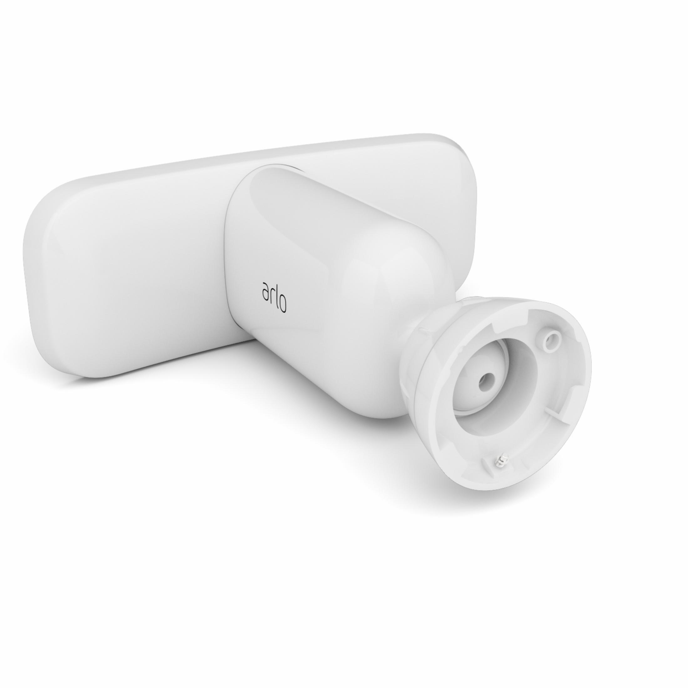 Biała kamera bezpieczeństwa. Ma zaokrąglony korpus i podstawę montażową.