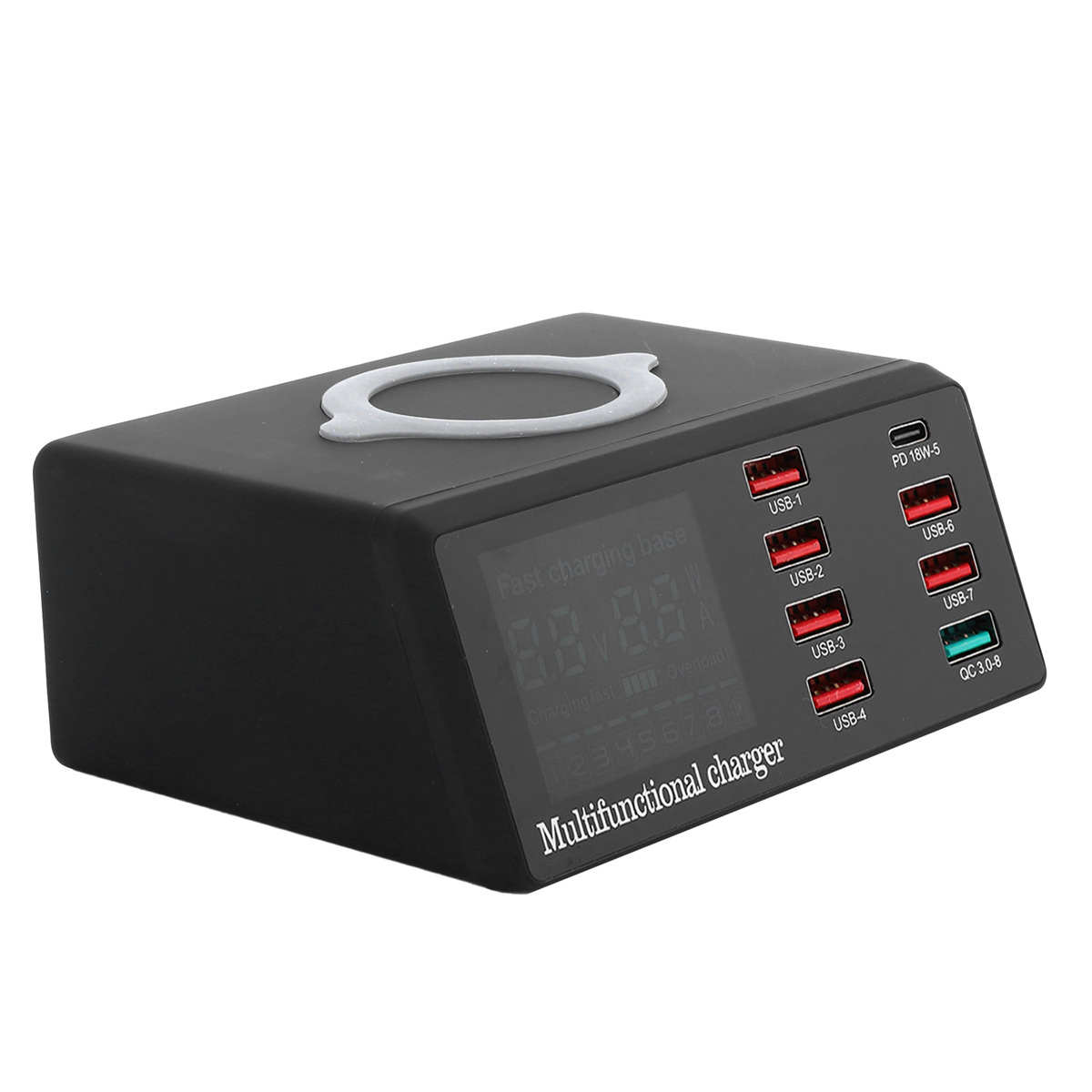 Ein schwarzes multifunktionales Ladegerät mit mehreren USB-Anschlüssen und einem Display auf weißer Oberfläche.