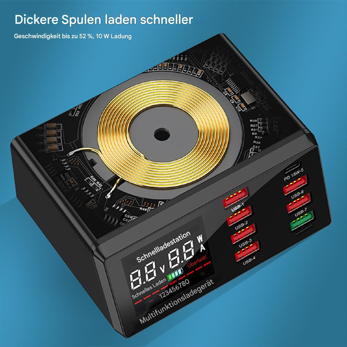 Schwarze kabellose Ladestation mit mehreren Ladeanschlüssen und einer goldenen Ladespule.